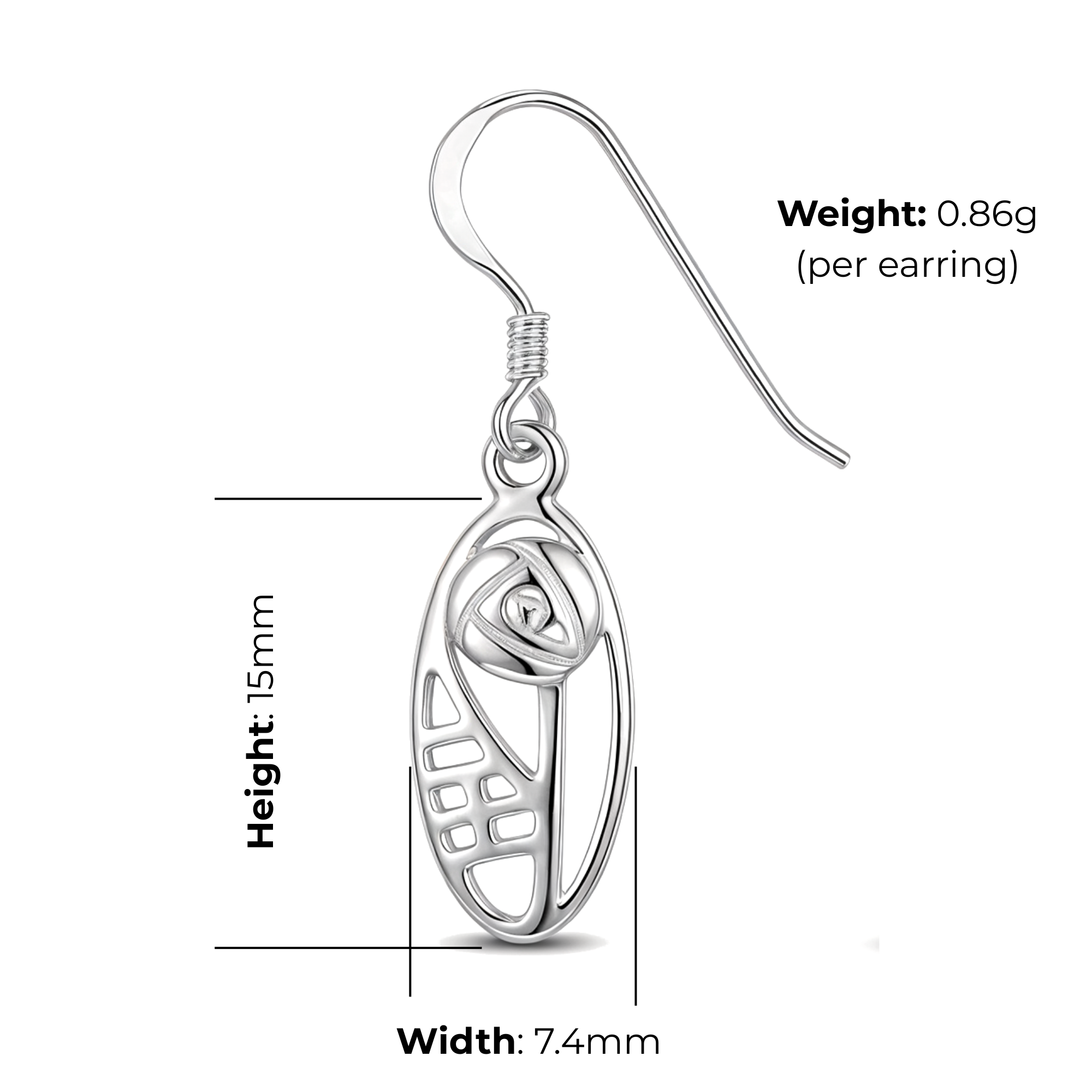 Sterling Silver Charles Rennie Mackintosh Navette Drop Earrings, sculpted rose, geometric grid cut-outs, product dimensions shown, width 7.4mm x height 15mm, weight 0.86g per earring.