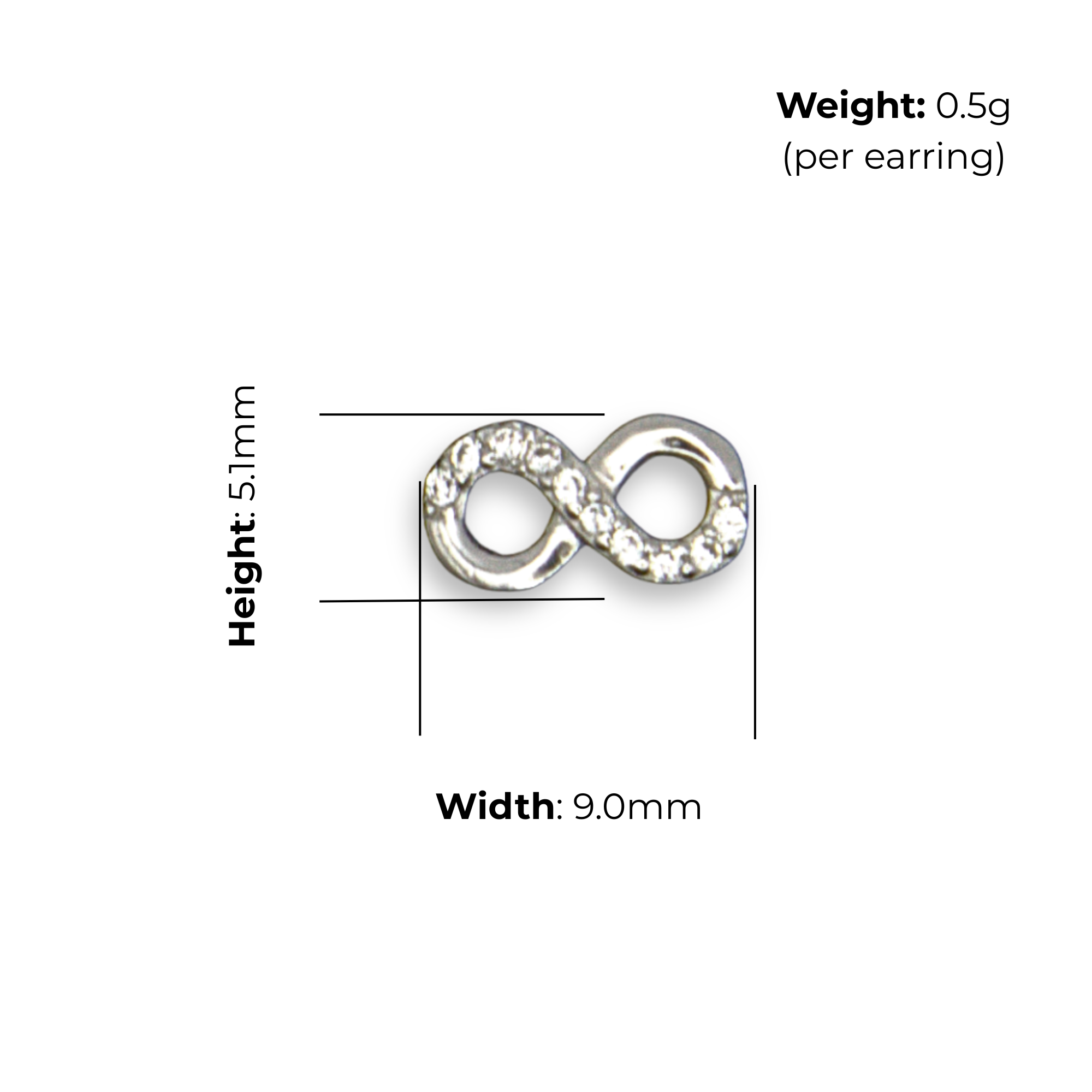 Sterling Silver Infinity Stud Earrings, pave-set CZ, product dimensions shown, width 9.0mm, height 5.1mm, weight 0.5g per earring.