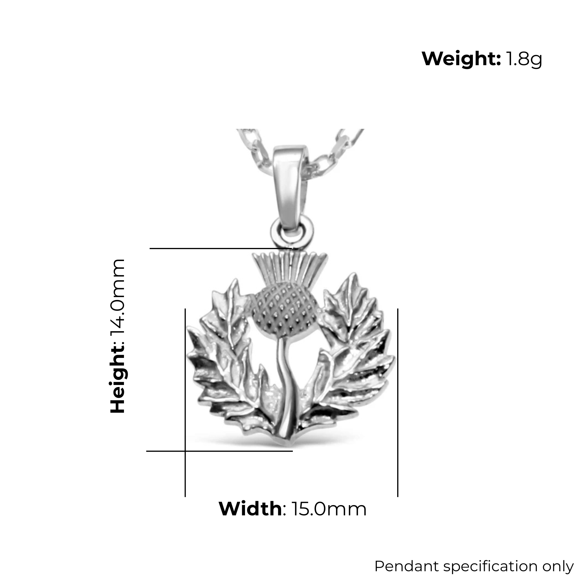 Sterling Silver Scottish Thistle Pendant, feathered head, crosshatched globe, wreath frame, product dimensions shown, width 15mm, height 14mm, weight 1.8g, pendant specification only
