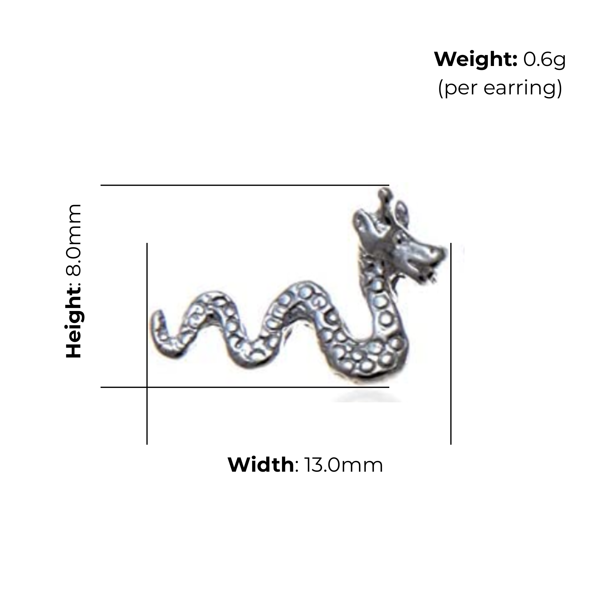 Sterling Silver Loch Ness Monster Stud Earrings, oxidised finish, product dimensions shown, width 13mm, height 8mm, weight 0.6g per earring
