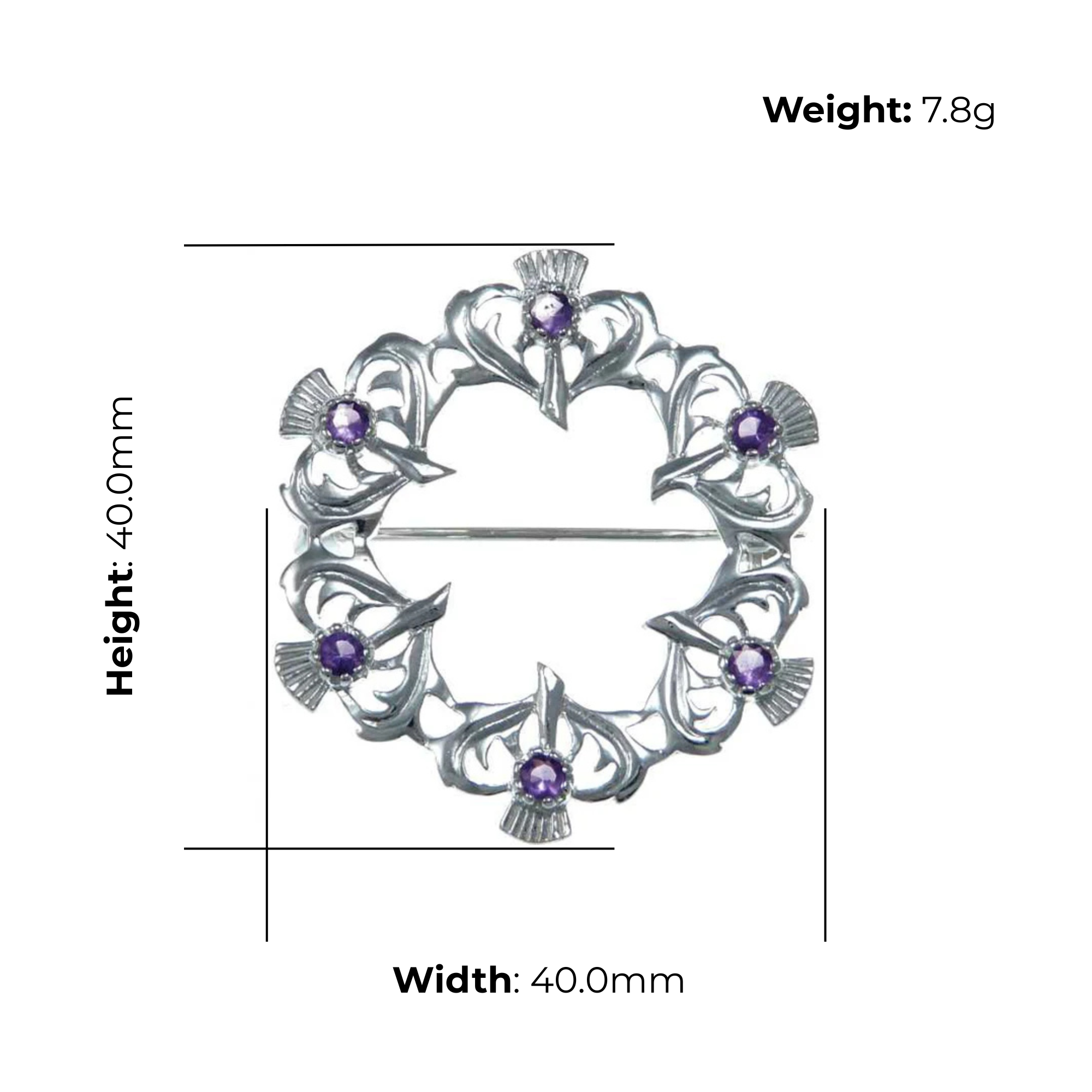 Sterling Silver Thistle Wreath Brooch, six-bloom design with amethyst, product dimensions shown, width 40mm, height 40mm, weight 7.8g