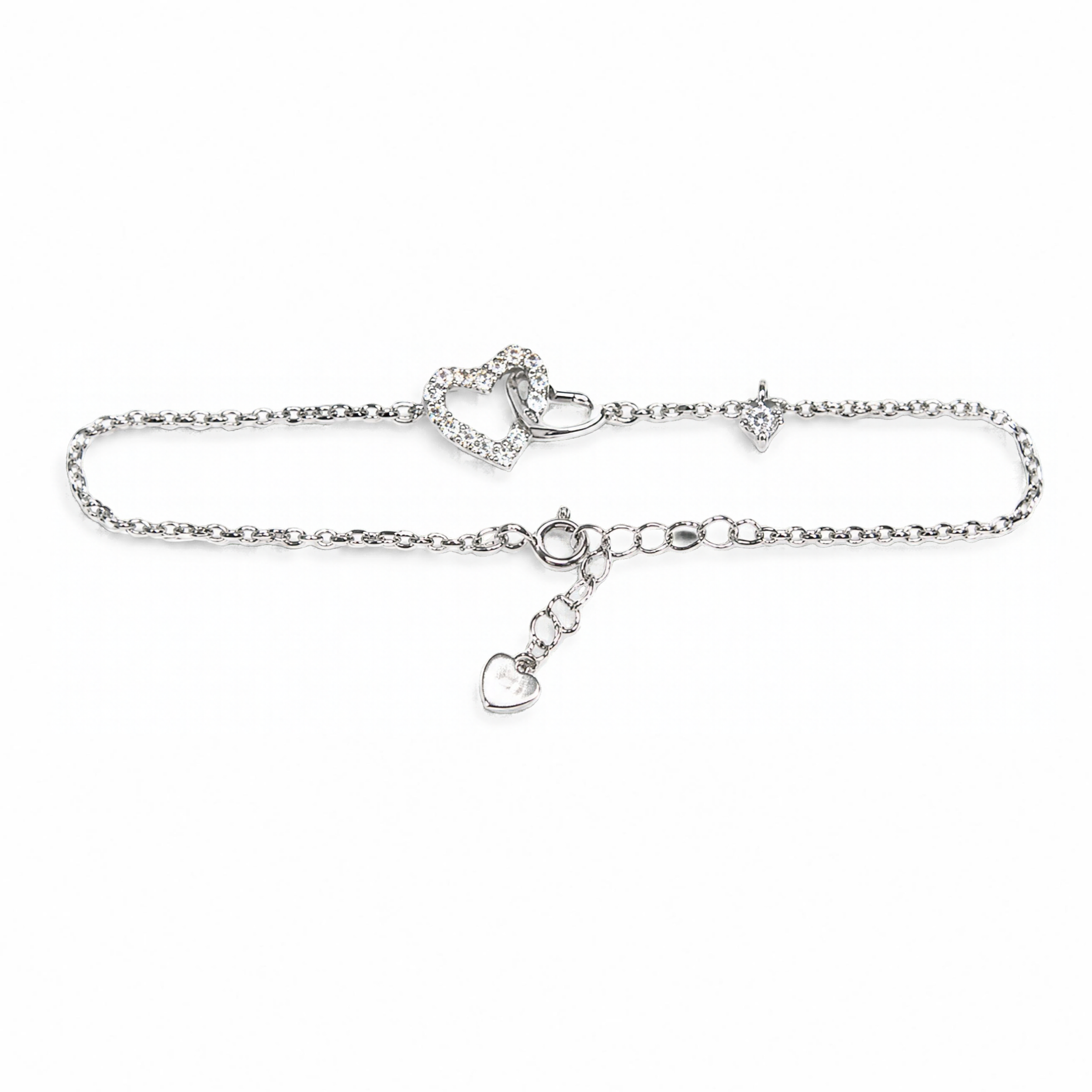 Sterling Silver Interlocking Double Heart Bracelet, CZ, 19.5cm