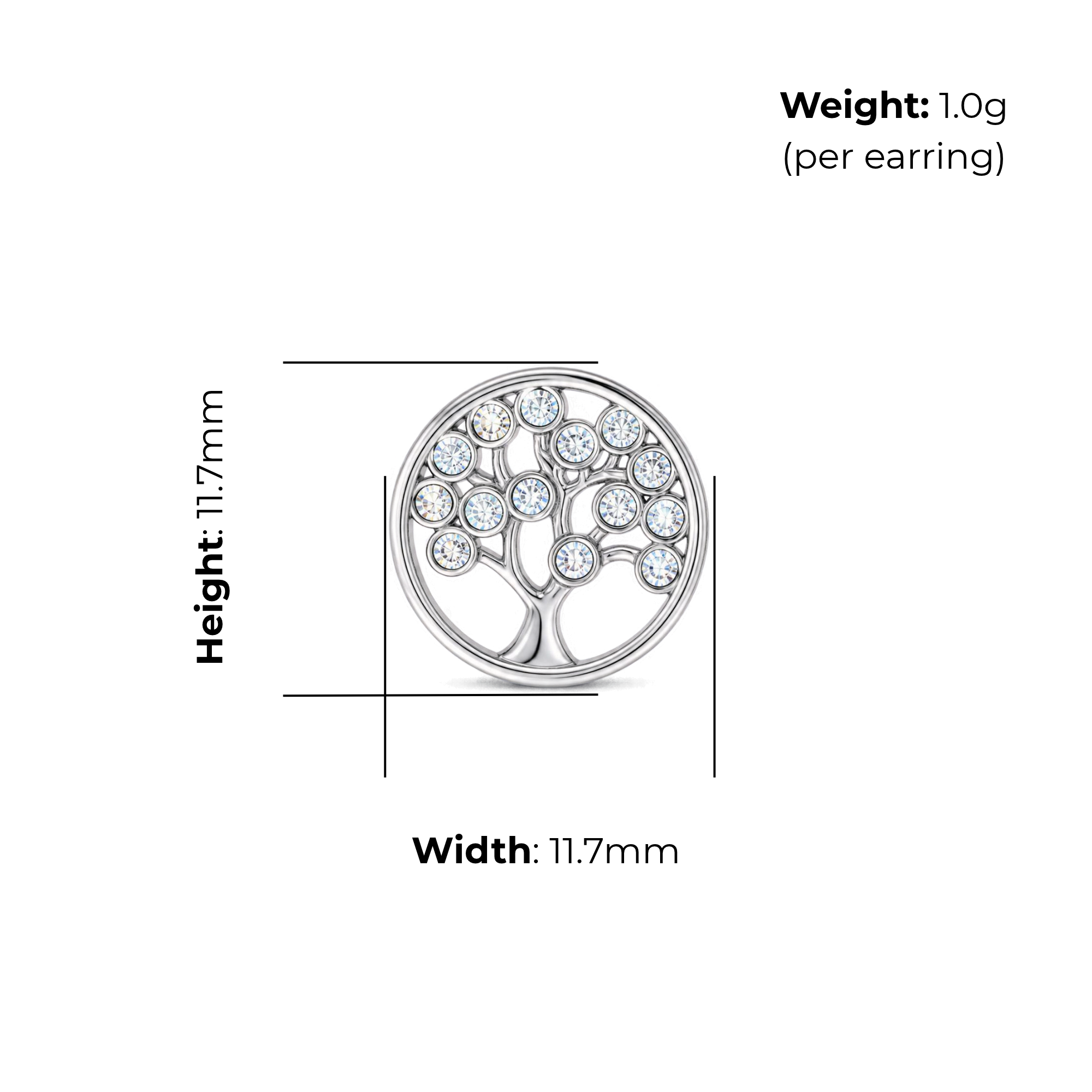 Sterling Silver Tree of Life Stud Earrings, CZ Leaf Detail, product dimensions shown, width 11.7mm, height 11.7mm, weight 1.0g per earring