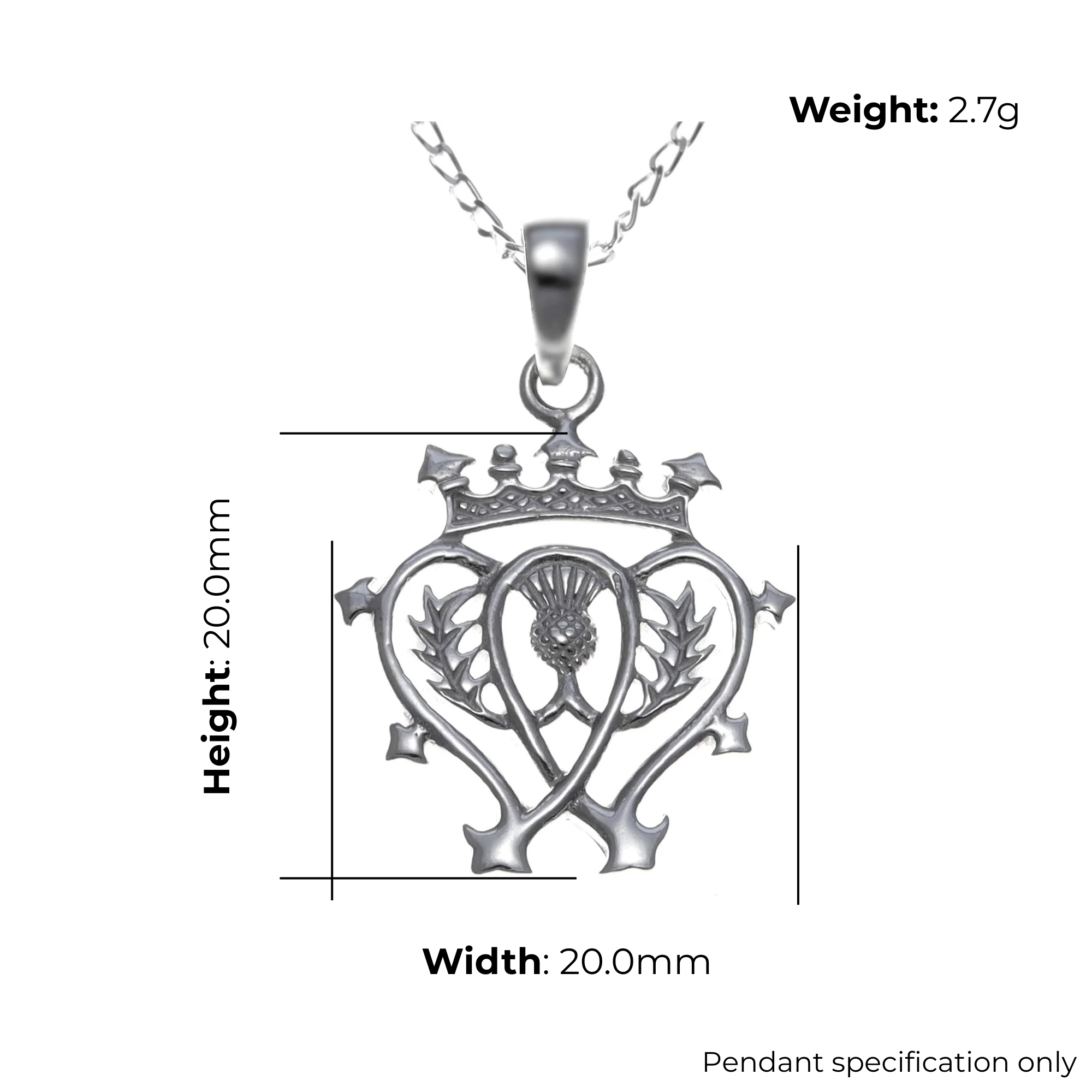 Sterling Silver Scottish Luckenbooth Pendant, thistle integrated heart form, crowned, product dimensions shown, width 20mm, height 20mm, weight 2.7g, pendant specification only