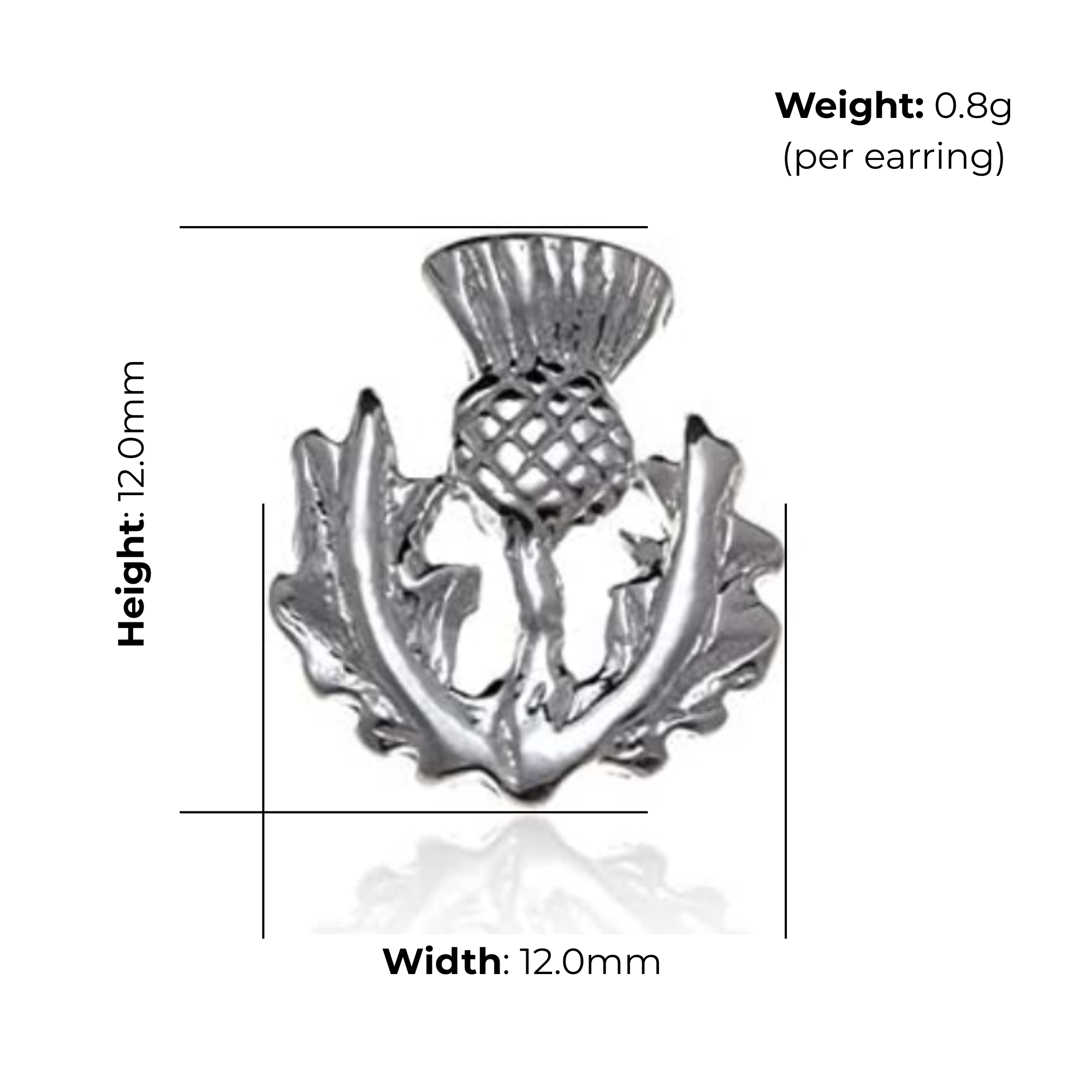 Sterling Silver Thistle Stud Earrings, crosshatched globe design, product dimensions shown, width 12mm, height 12mm, weight 0.8g per earring