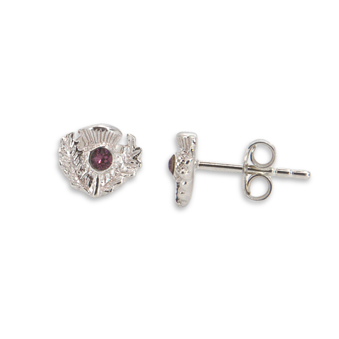 Sterling Silver Scottish Thistle Stud Earrings, purple stone, compact design