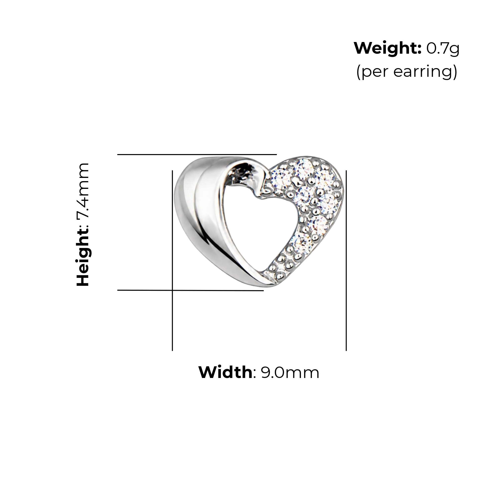 Sterling Silver Split Heart Stud Earrings, Half Pave-Set CZ, product dimensions shown, width 9.0mm, height 7.4mm, weight 0.7g per earring.