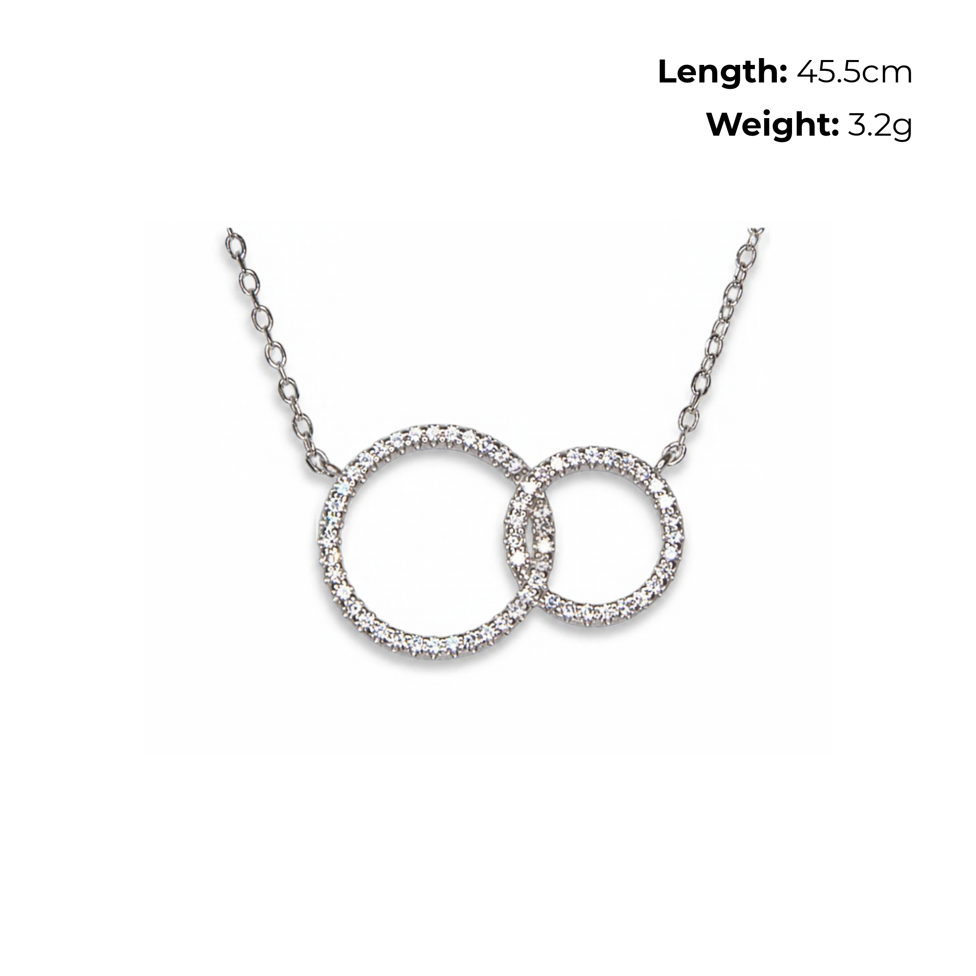 Sterling Silver Interlocking Circle Necklet with CZ, product dimensions shown, length 45.5cm, weight 3.2g
