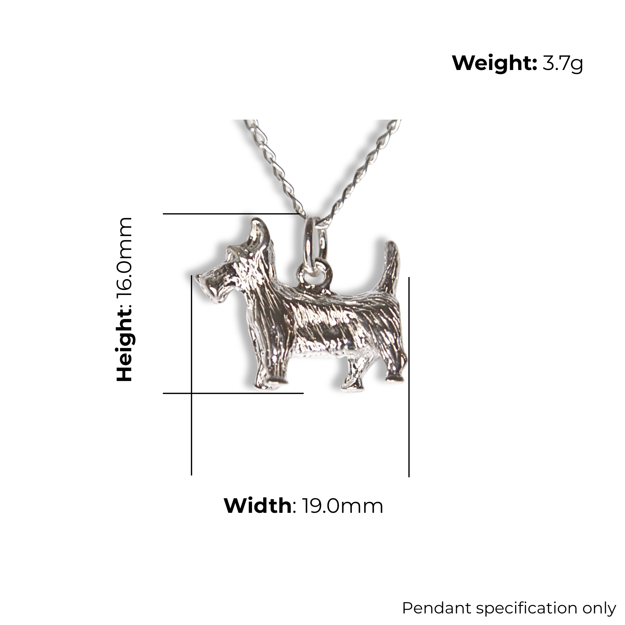 Sterling Silver Scottie Dog Pendant, Standing Pose, product dimensions shown, width 19.0mm, height 16.0mm, weight 3.7g, pendant specification only.