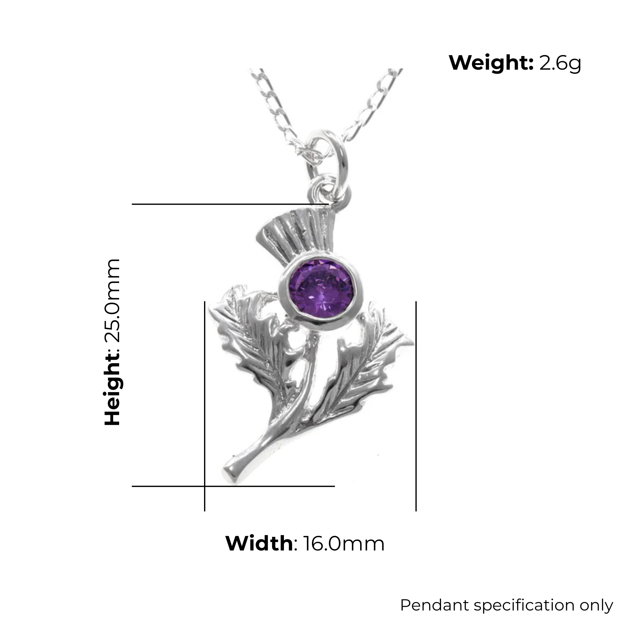 Sterling Silver Naturalistic Thistle Pendant, Purple CZ, product dimensions shown, width 16mm, height 25mm, weight 2.6g, pendant specification only