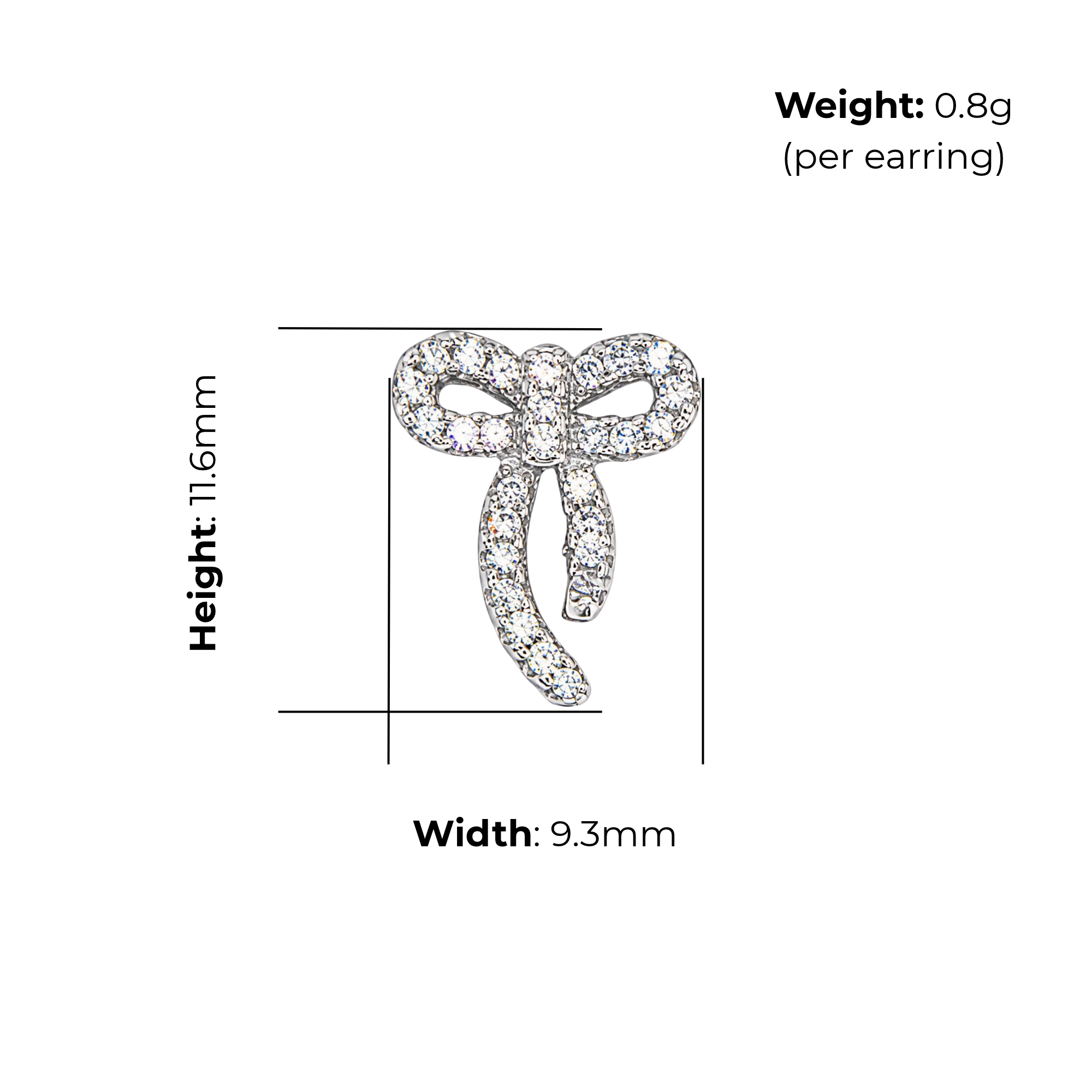 Sterling Silver Bow Stud Earrings, Pave-Set CZ, product dimensions shown, width 9.3mm, height 11.6mm, weight 0.8g per earring.
