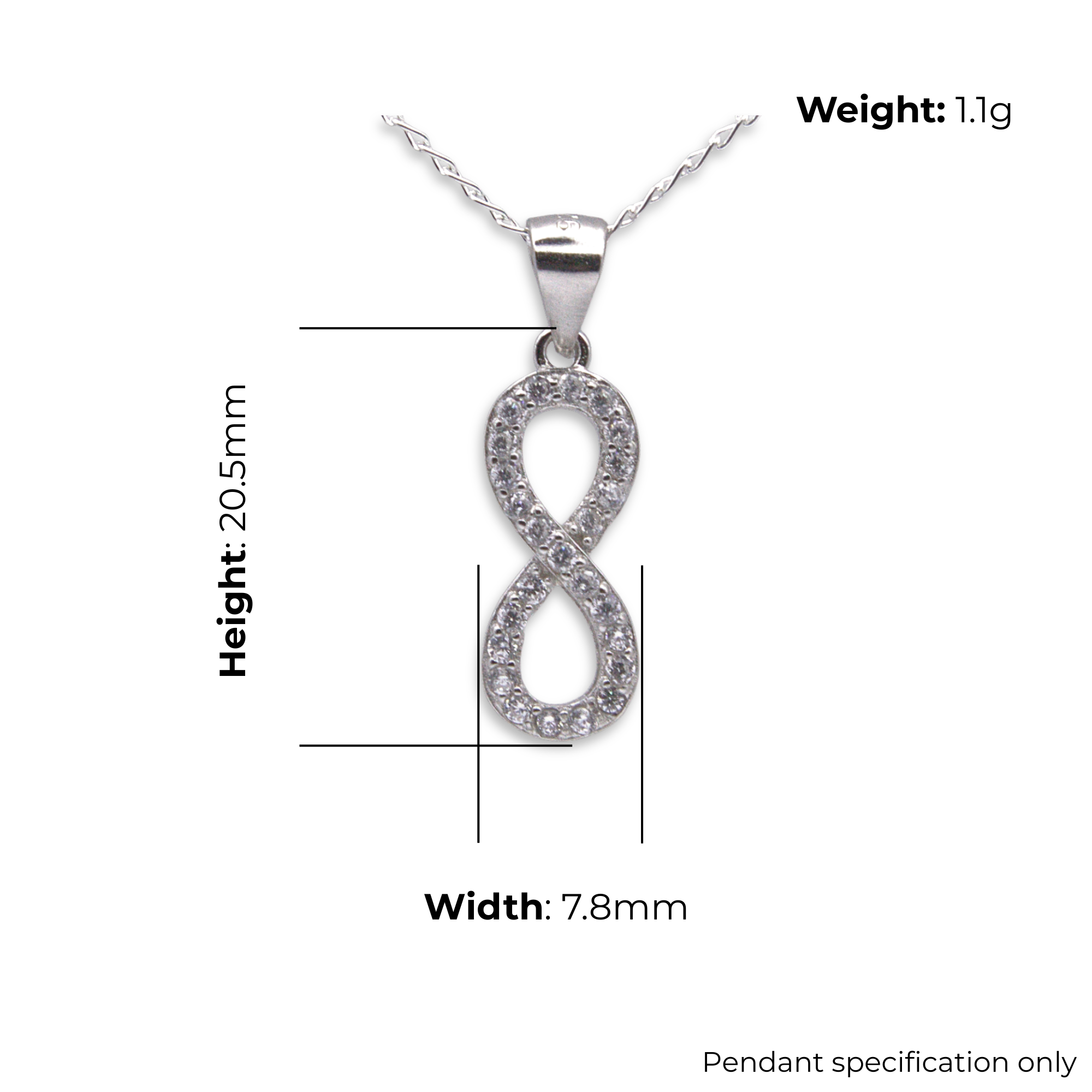 Sterling Silver Open Infinity Pendant with CZ, product dimensions shown, width 7.8mm, height 20.5mm, weight 1.1g, pendant specification only