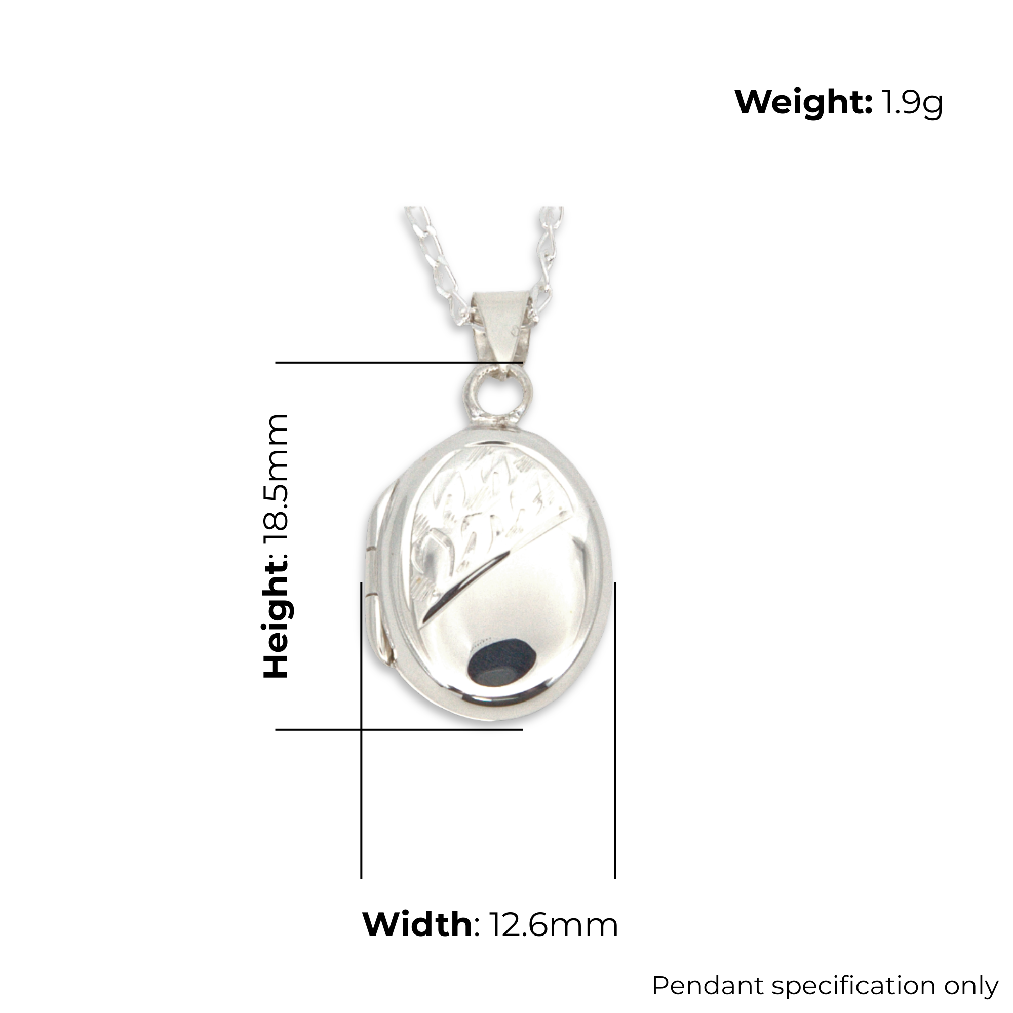 Sterling Silver Oval Locket, hand engraved design, product dimensions shown, width 12.6mm, height 18.5mm, weight 1.9g