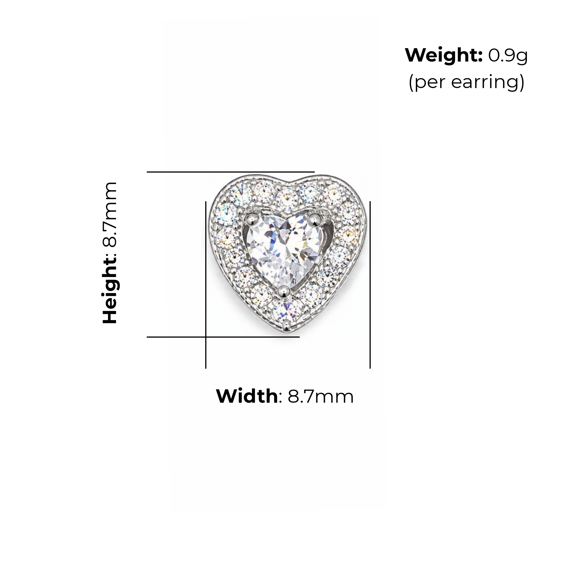 Sterling Silver Heart Stud Earrings with CZ, product dimensions shown, width 8.7mm, height 8.7mm weight 0.9g per earring