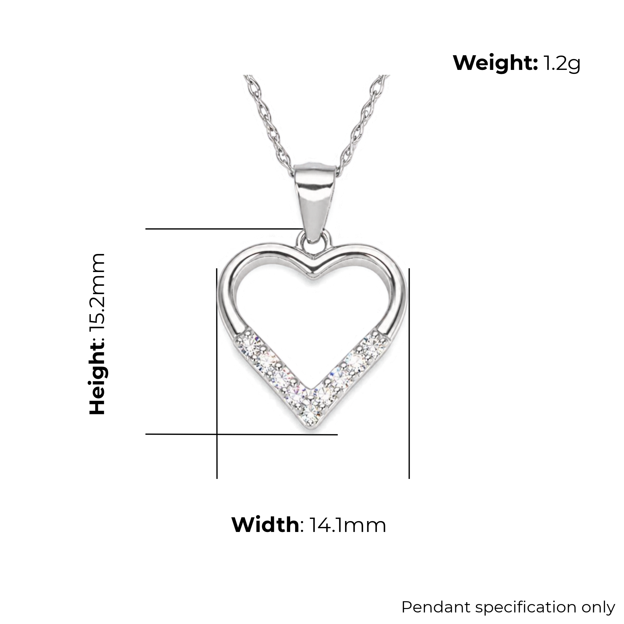 Sterling Silver Open Heart Pendant with CZ, product dimensions shown, width 14.1mm, height 15.2mm, weight 1.2g, pendant specification only