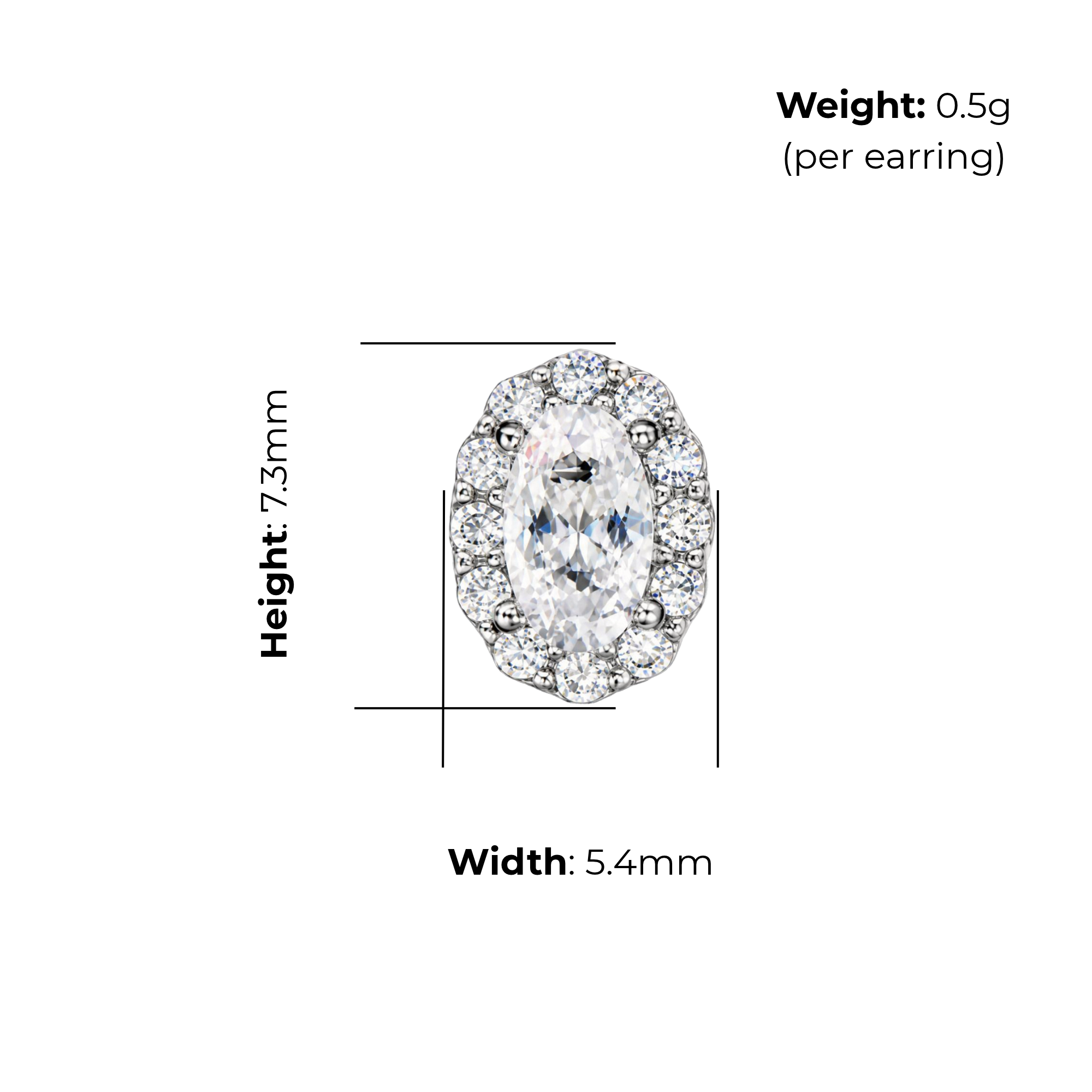 Sterling Silver Oval Halo Stud Earrings, product dimensions shown, width 5.4mm, height 7.3mm, weight 0.5g per earring.