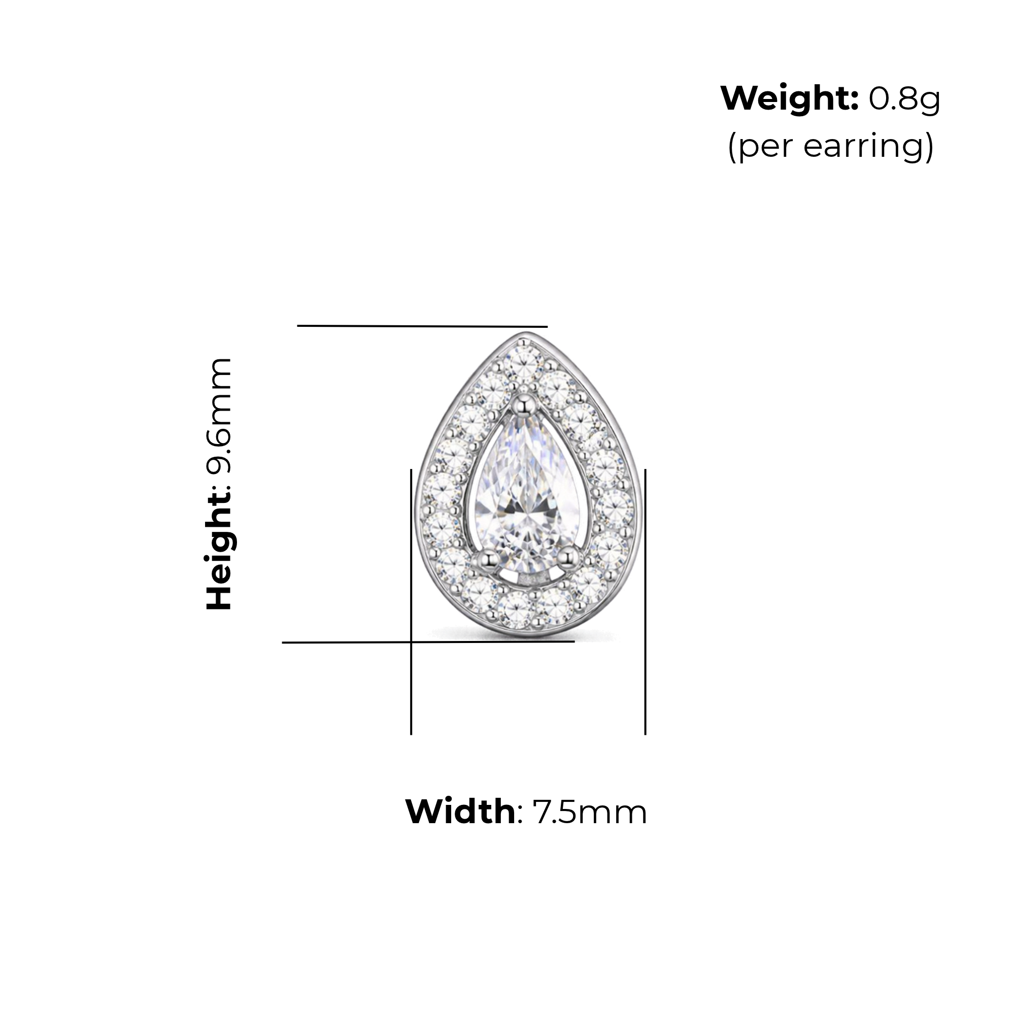 Sterling Silver Pear-Cut CZ Halo Stud Earrings, product dimensions shown, width 7.5mm, height 9.6mm, weight 0.8g per earring
