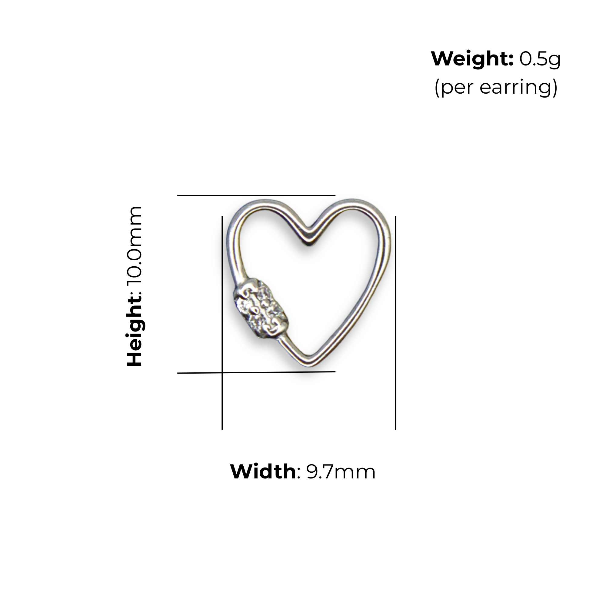 Sterling Silver Open Heart Wire Stud Earrings, Decorative CZ Detail, product dimensions shown, width 9.7mm, height 10.0mm, weight 0.5g per earring.