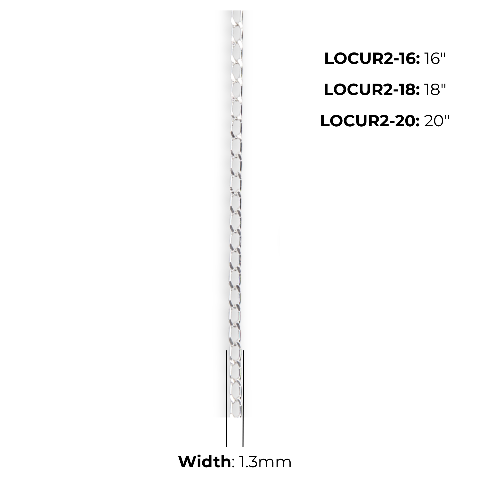 Sterling Silver Ladies Open Curb Chain, high mirror polish, elongated flat links, spring ring clasp, product dimensions shown, link width 1.3mm, 16" LOCUR2-16, 18" LOCUR2-18, 20" LOCUR2-20