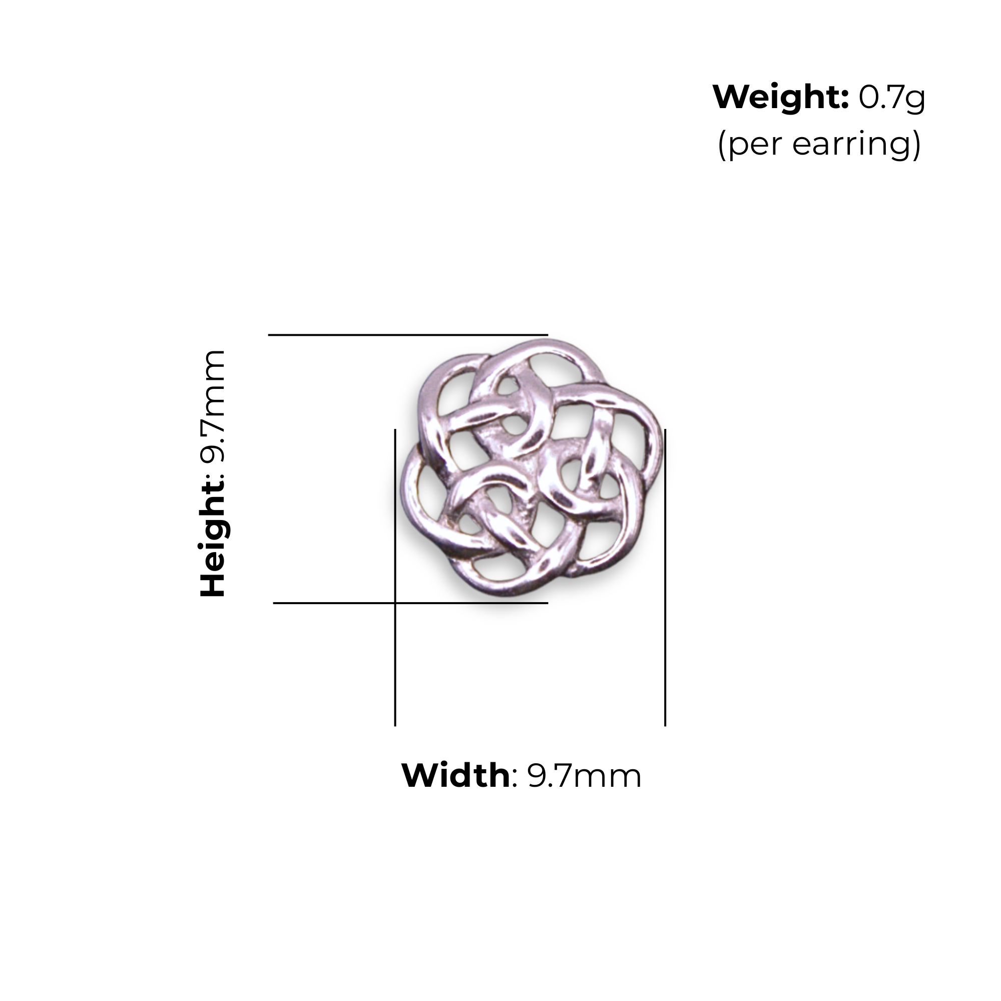 Sterling Silver Celtic Knot Stud Earrings, Open Radial Interlace Design, product dimensions shown, width 9.7mm, height 9.7mm, weight 0.7g per earring.