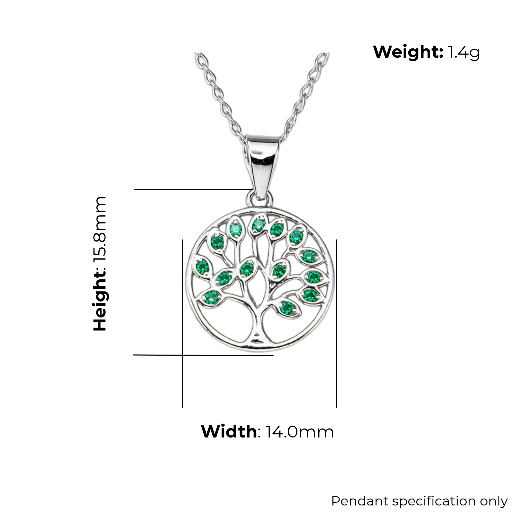 Sterling Silver Tree of Life Pendant, Green CZ Leaf Detail, product dimensions shown, width 14.0mm, height 15.8mm, weight 1.4g, pendant specification only.