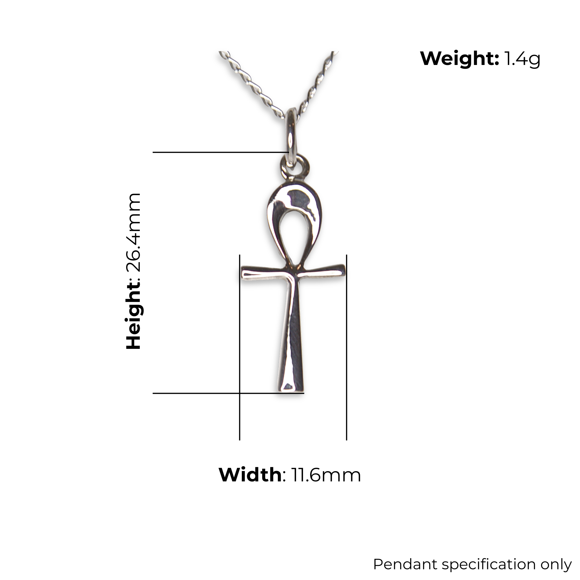 Sterling Silver Ankh Pendant, Loop Cross Design, product dimensions shown, width 11.6mm, height 26.4mm, weight 1.4g, pendant specification only.
