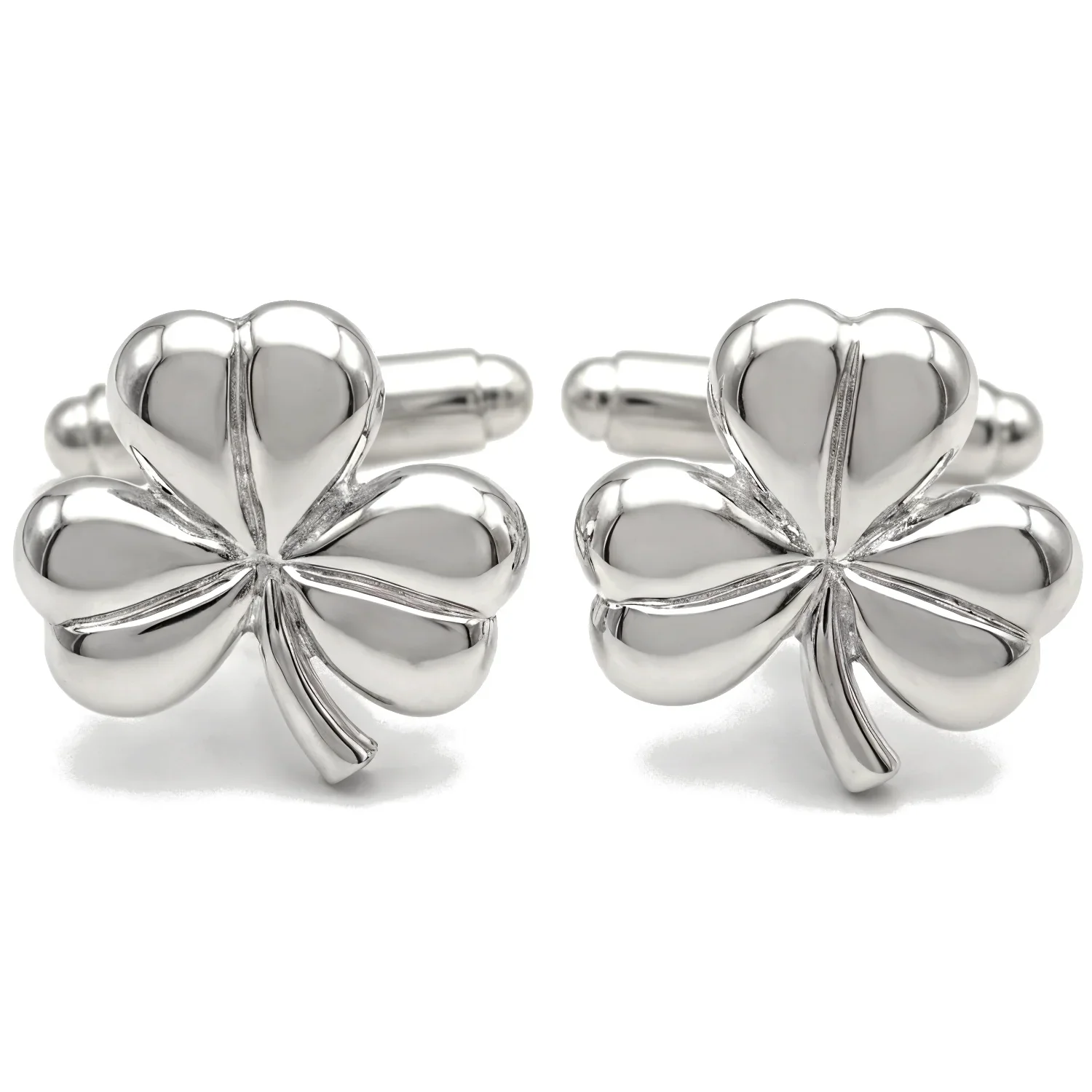 Sterling Silver shamrock cufflinks. Bold sculptural four-leaf clover, domed mirror polish, bullet back. 17mm.