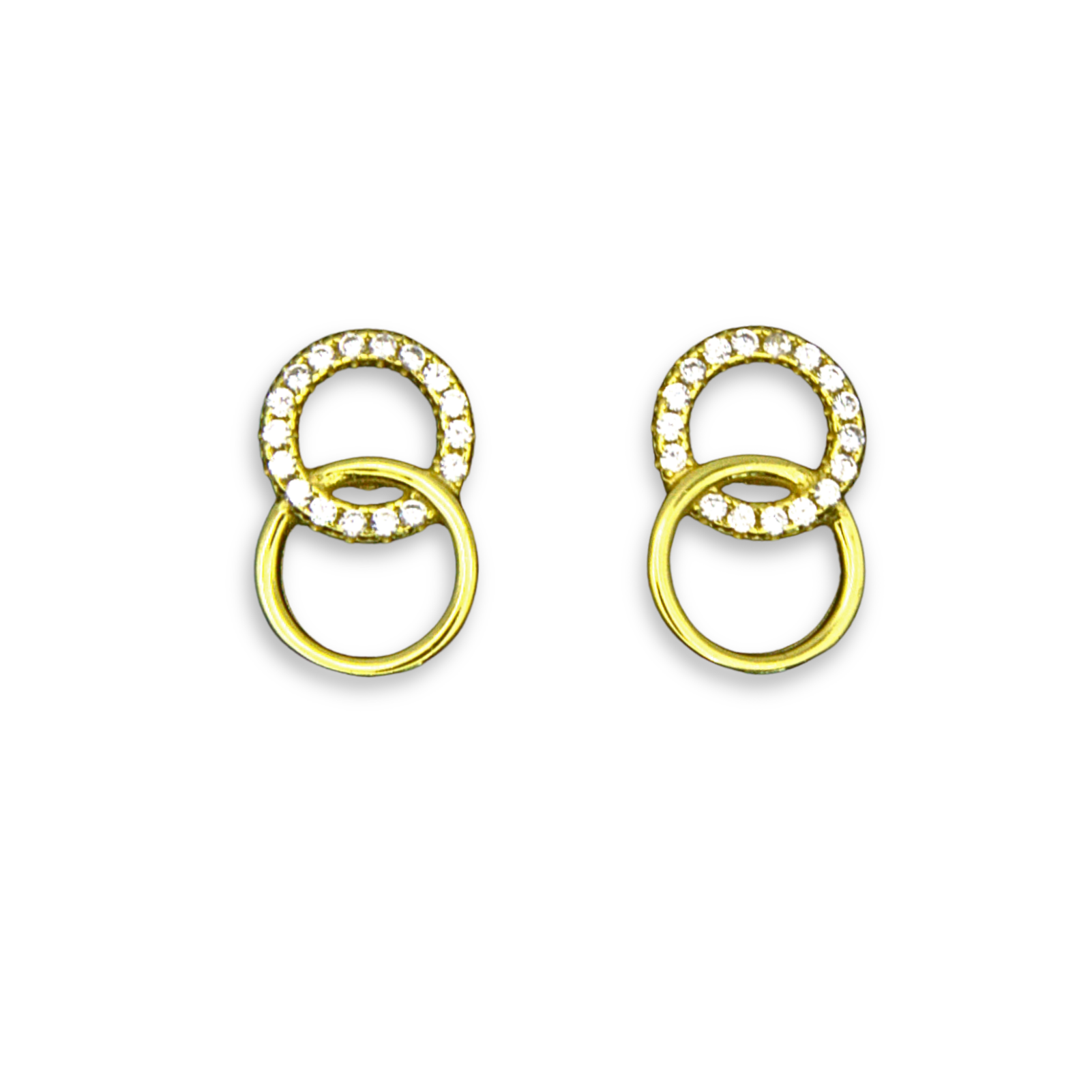 Sterling Silver Interlocking Circles Stud Earrings, Gold Plated, Pave-Set CZ