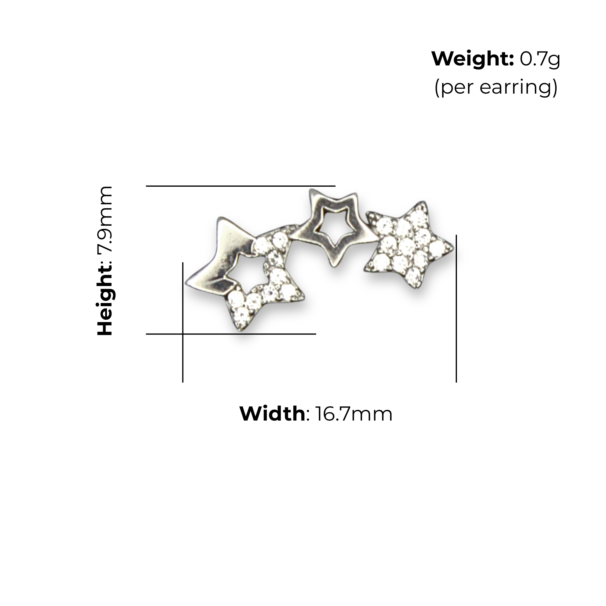 Sterling Silver Triple Star Stud Earrings, Pave-Set CZ Detail, product dimensions shown, width 16.7mm, height 7.9mm, weight 0.7g per earring.