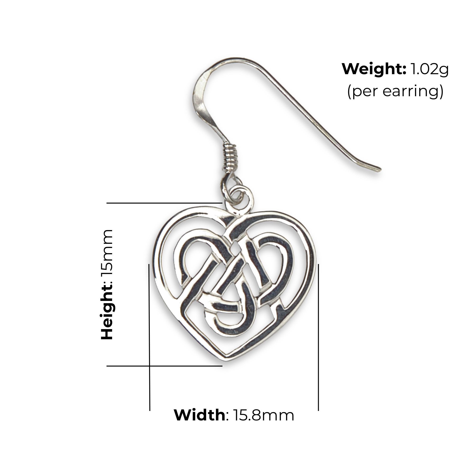 Sterling Silver Celtic Knotwork Heart Drop Earrings, open heart frame, oxidised finish, fish hook fitting, product dimensions shown, width 15.8mm, height 15mm, weight 1.02g per earring
