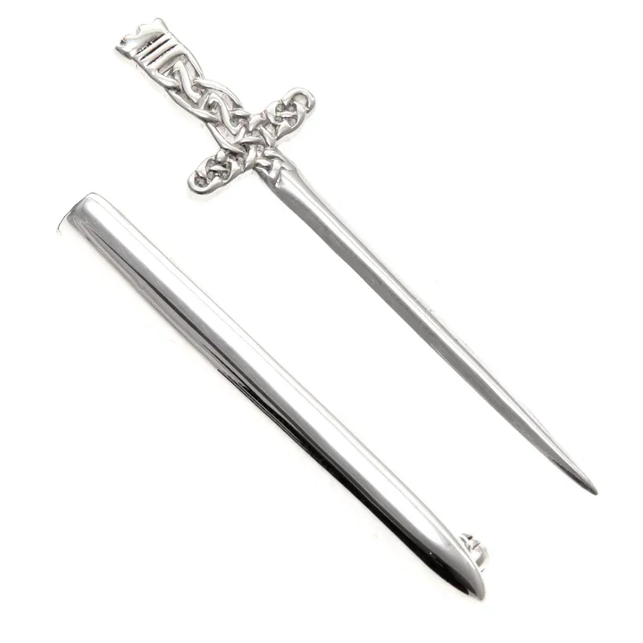 Sterling Silver Scottish sword kilt pin with sheath, Celtic knotwork hilt, polished blade, shown removed from sheath