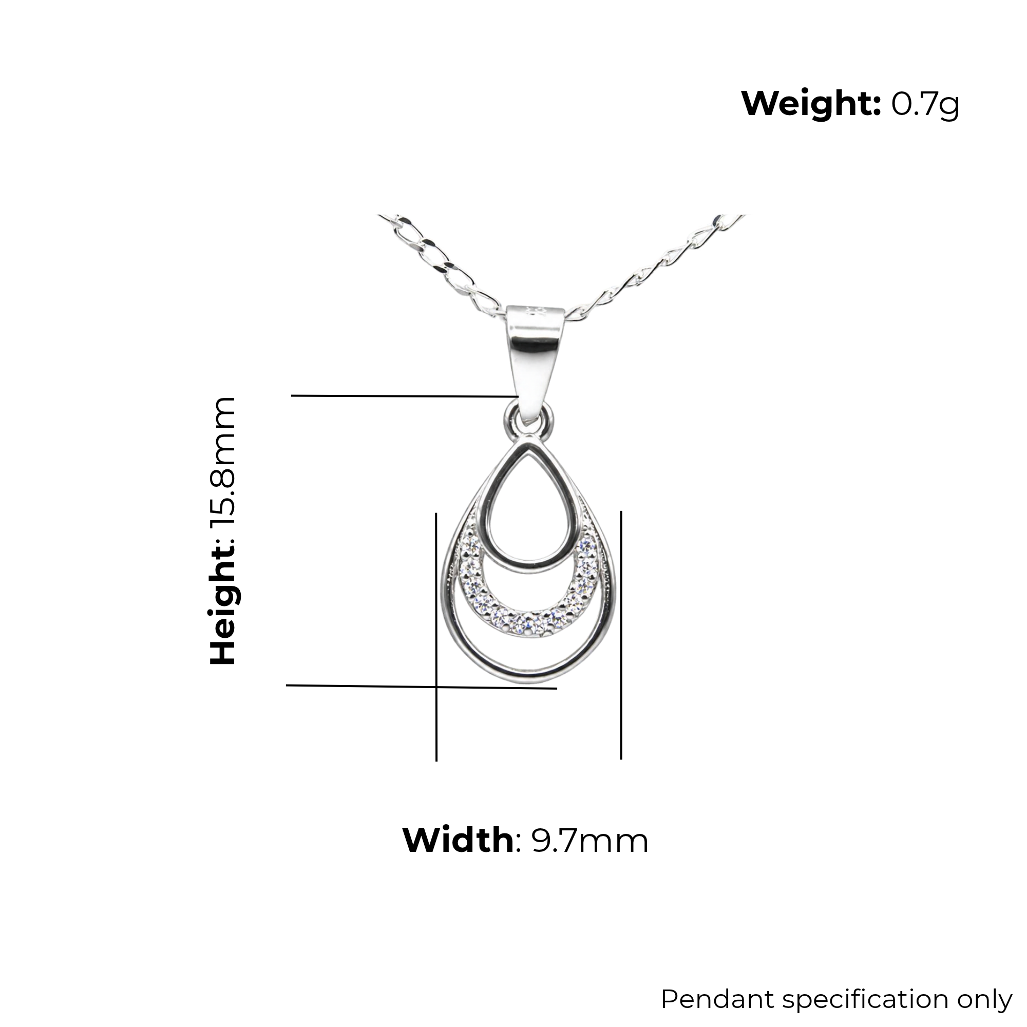 Sterling Silver Double Teardrop Drop Earrings, CZ, product dimensions shown, width 9.7mm, height 15.8mm, weight 0.7g, pendant specification only