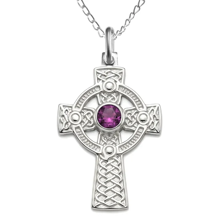 Sterling Silver Celtic cross pendant with amethyst, beaded border ring, deeply embossed knotwork arms, interlaced shaft, 28mm