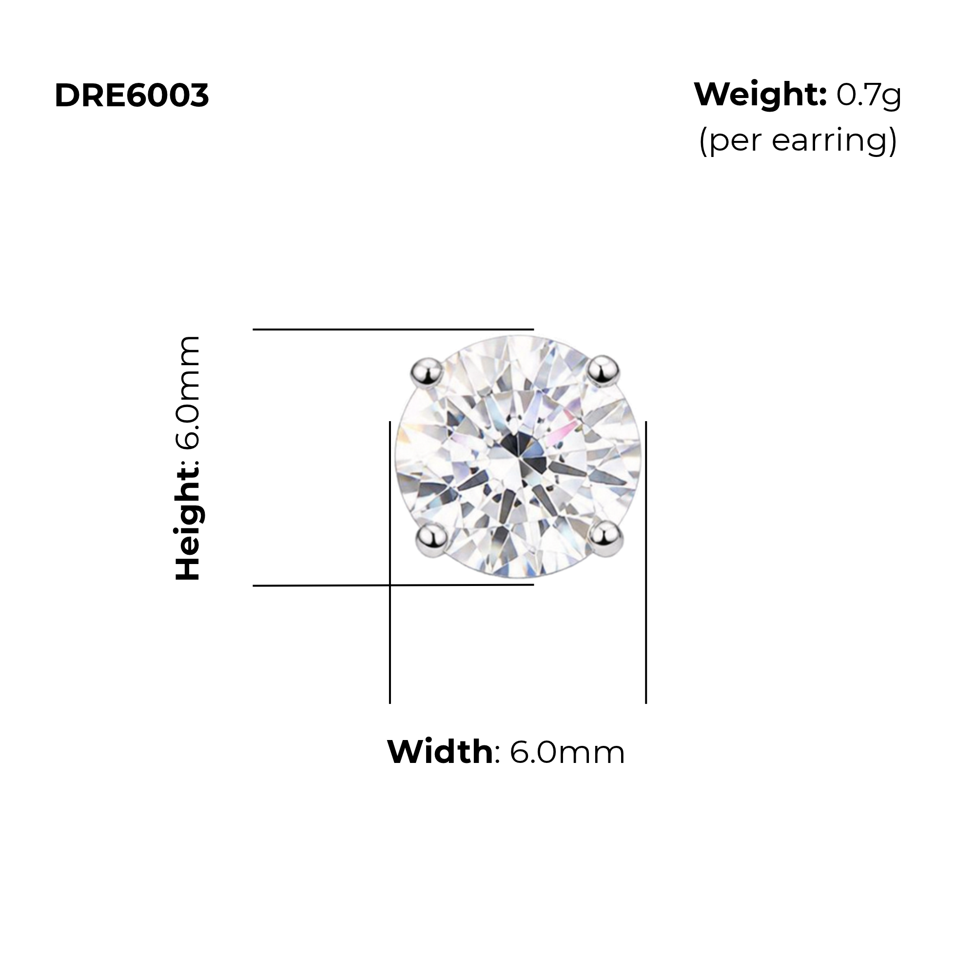 Sterling Silver Round CZ Solitaire Stud Earrings DRE6003, product dimensions shown, width 6mm, height 6mm, weight 0.7g per earring