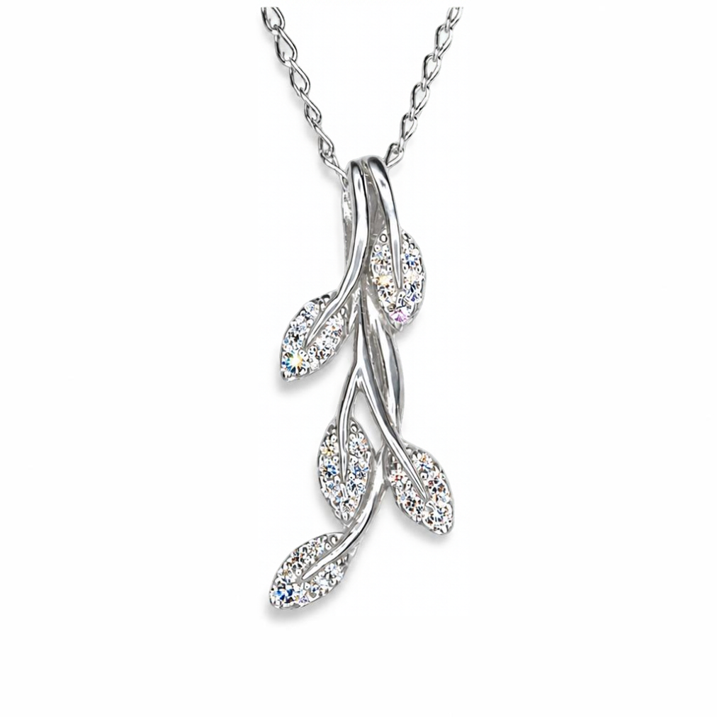 Sterling Silver Leaf Branch Pendant with CZ