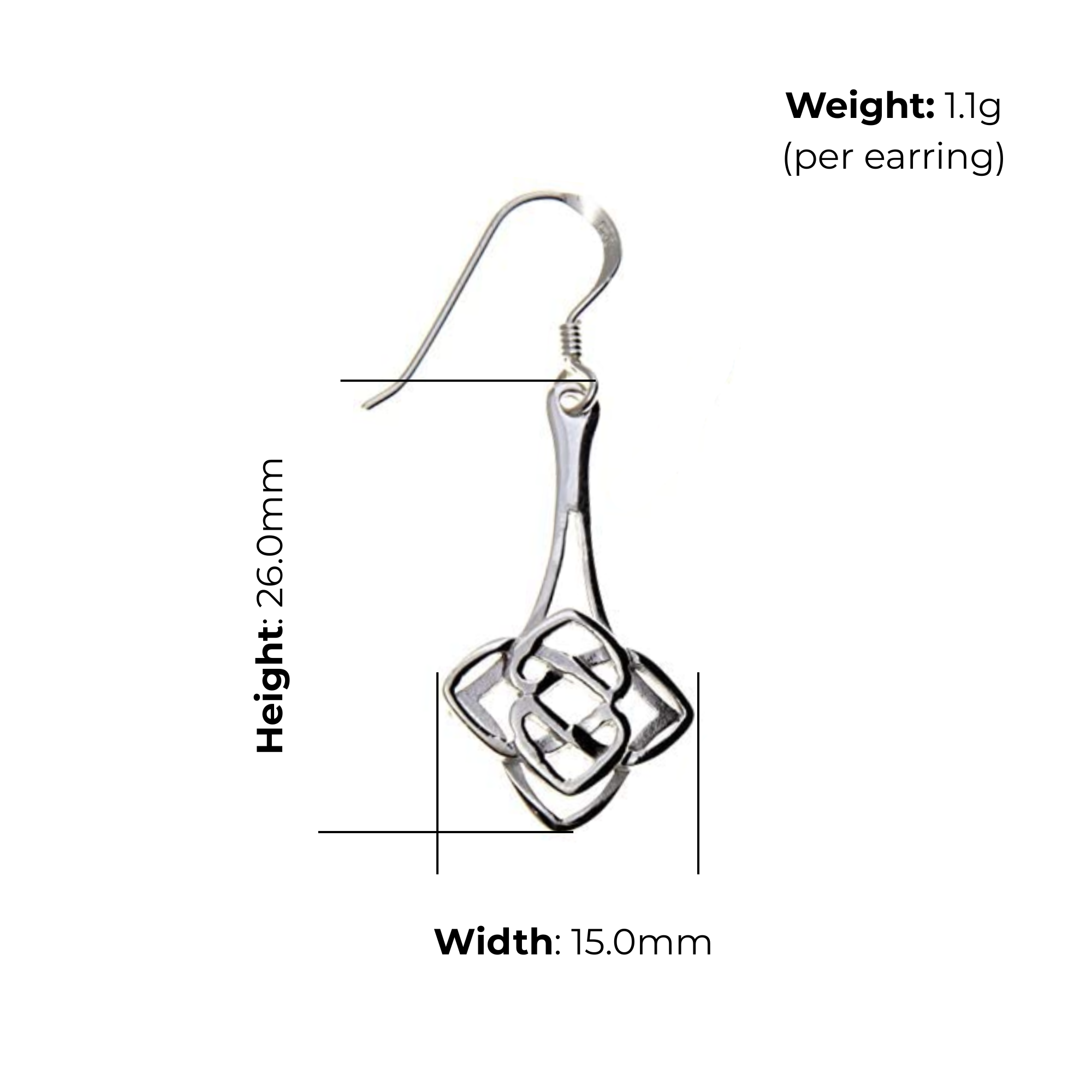 Sterling Silver Celtic Square Knotwork Drop Earrings, tapered stem, geometric interlace, fish hook fitting, product dimensions show, width 15mm, height 26mm, weight 1.1g per earring