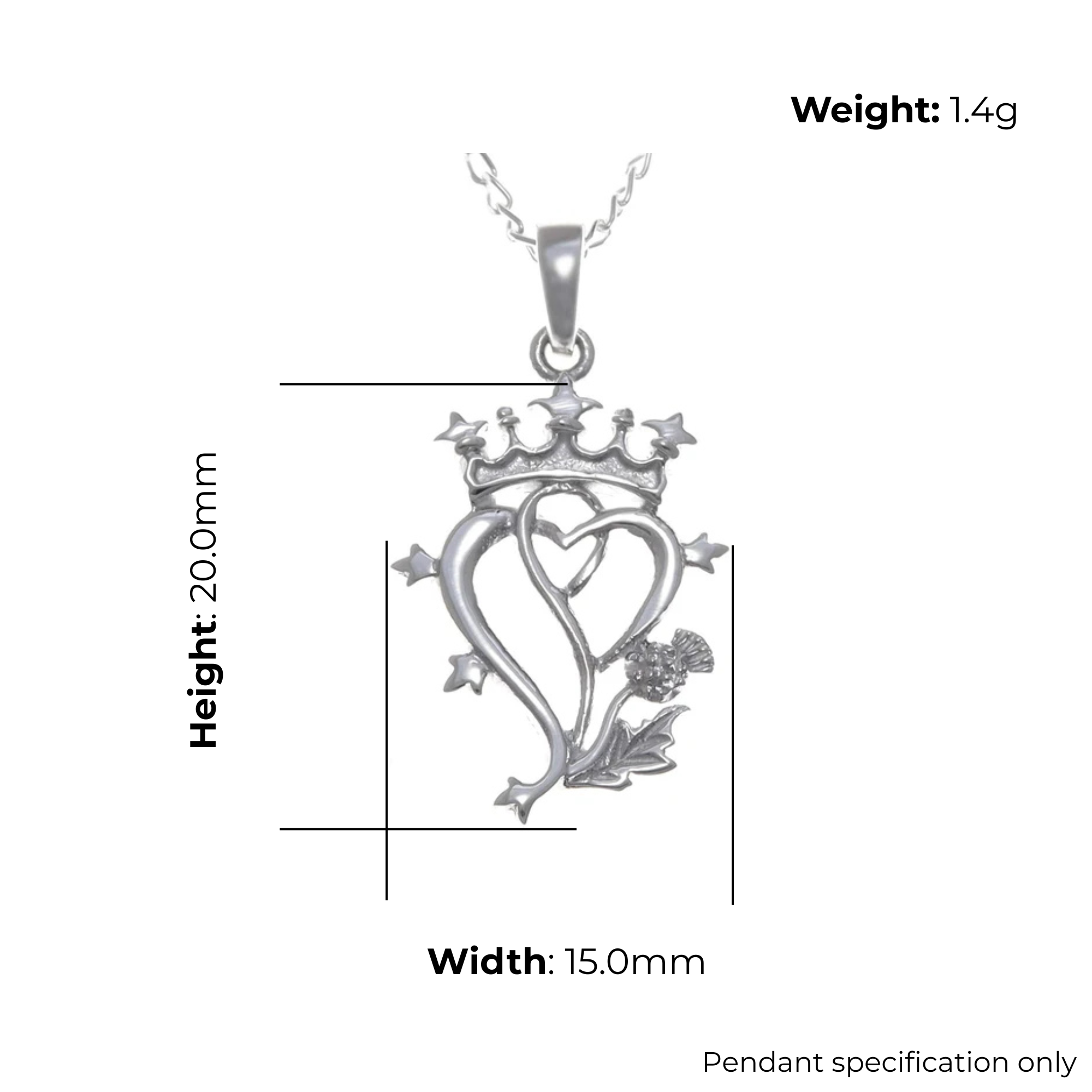 Sterling Silver Scottish Luckenbooth Pendant, crowned intertwined hearts, thistle detail, product dimensions shown, width 15mm, height 20mm, weight 1.4g, pendant specification only