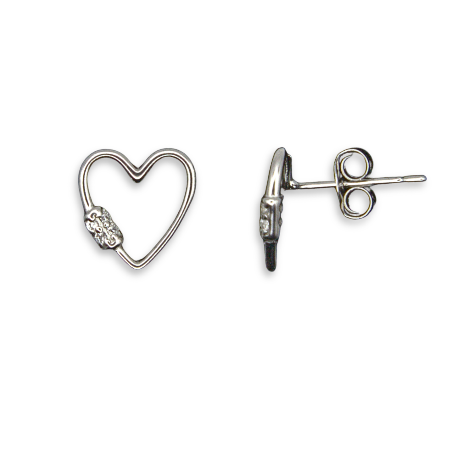 Sterling Silver Open Heart Wire Stud Earrings, Decorative CZ Detail,