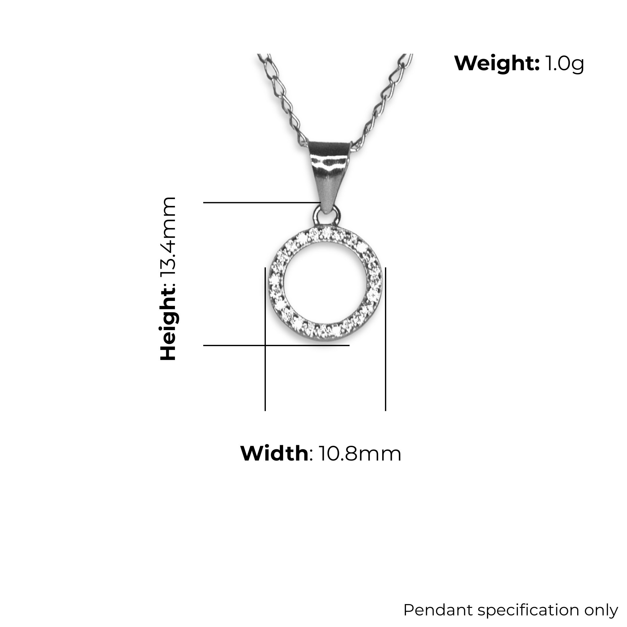 Sterling Silver Open Circle Pendant, Pave-Set CZ Detail, product dimensions shown, width 10.8mm, height 13.4mm, weight 1.0g, pendant specification only.