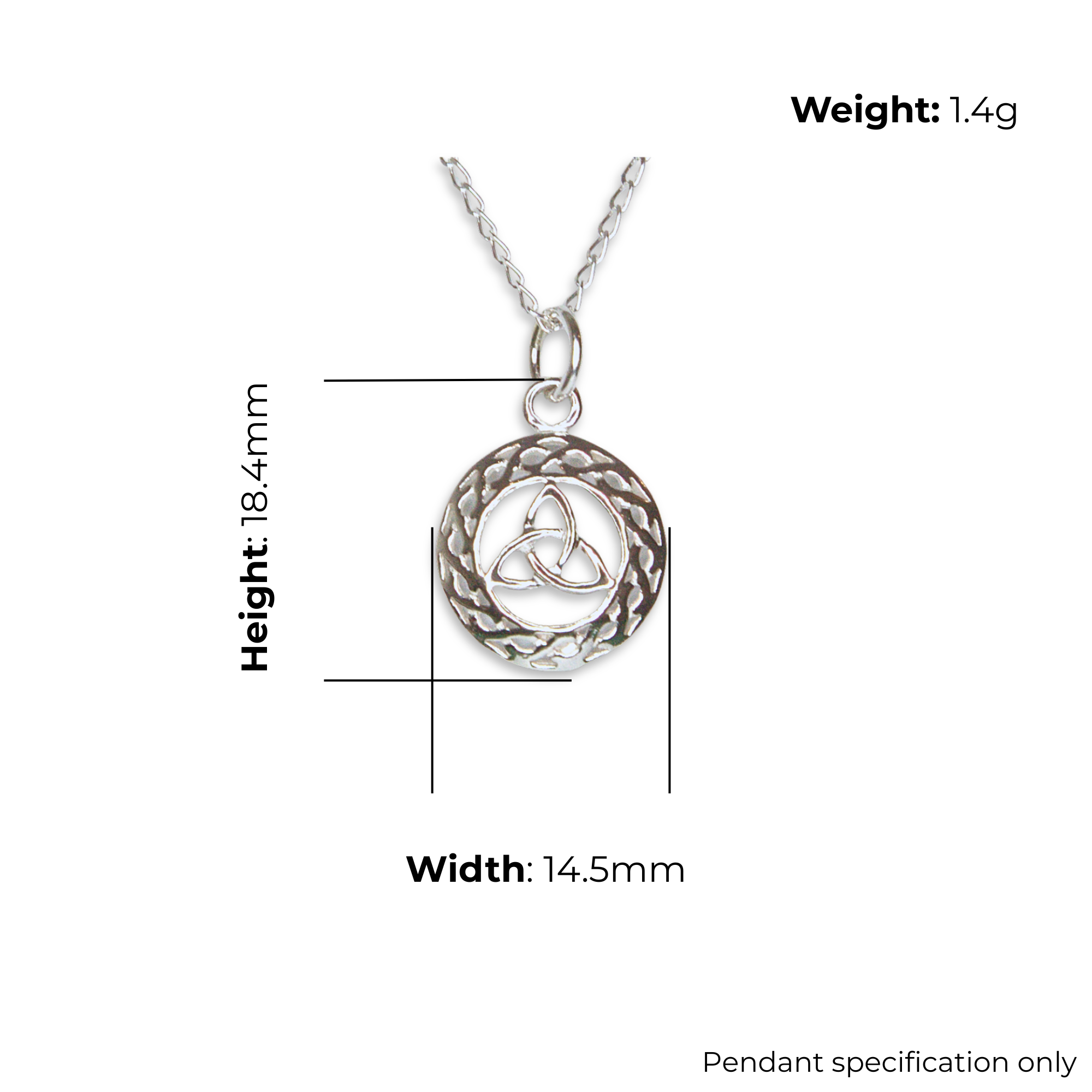 Sterling Silver Celtic Trinity Knot Pendant, triquetra within continuous knotwork band, high mirror polish, width 14.5mm, height 18.4mm, weight 1.4g, pendant specification only.
