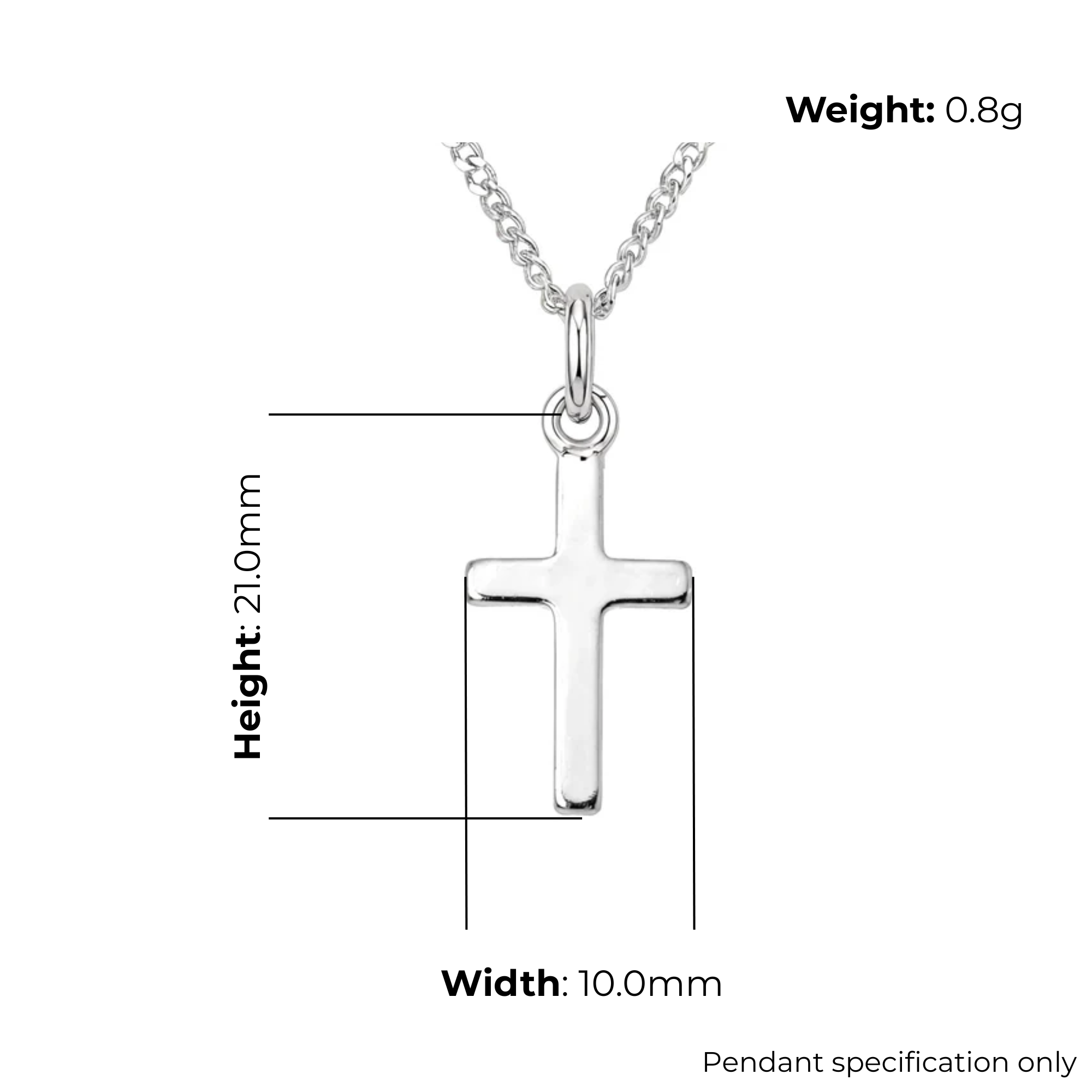 Sterling Silver small plain cross pendant, product dimensions shown, width 10mm, height 21mm, weight 0.8g, pendant specification only