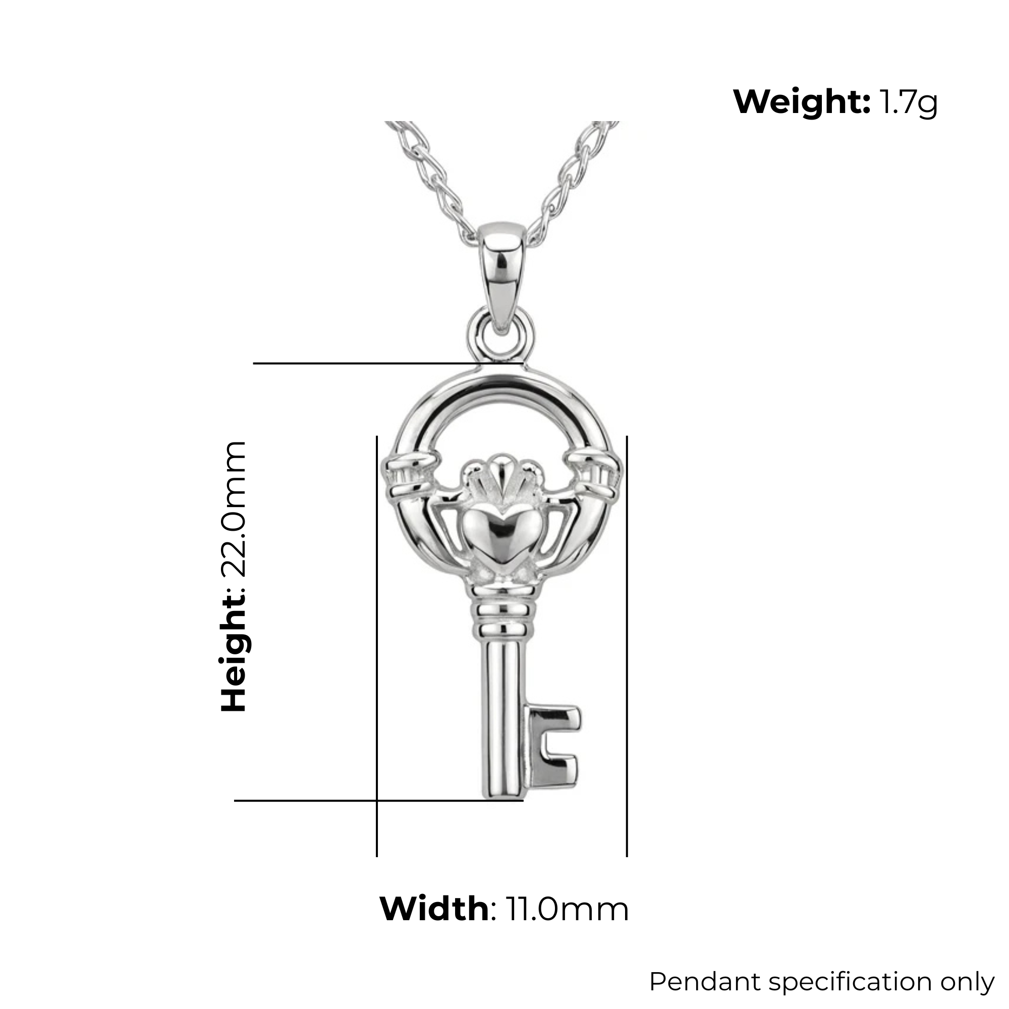 Sterling Silver Claddagh Key Pendant, hands heart and crown motif, high mirror polish, product dimensions shown, width 11mm, height 22mm, weight 1.7g, pendant specification only