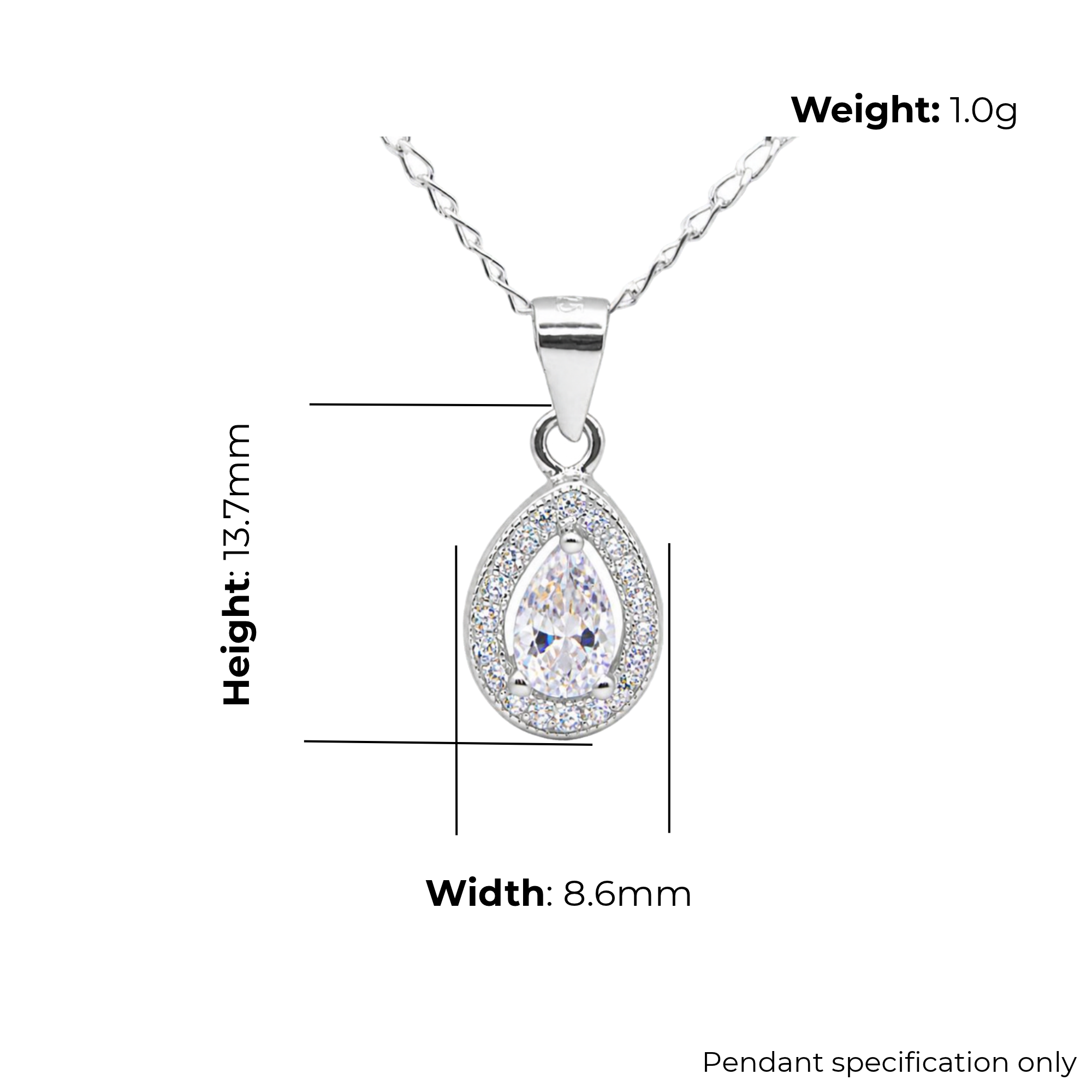 Sterling Silver Pear-Cut CZ Halo Pendant, product dimensions shown, width 8.6mm, height 13.7mm, weight 1g, pendant specification only