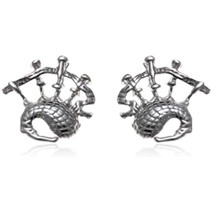 Sterling Silver Scottish Bagpipes Stud Earrings, sculpted Highland pipes form, crosshatched bag detail, 9mm x 9mm, push back fitting.