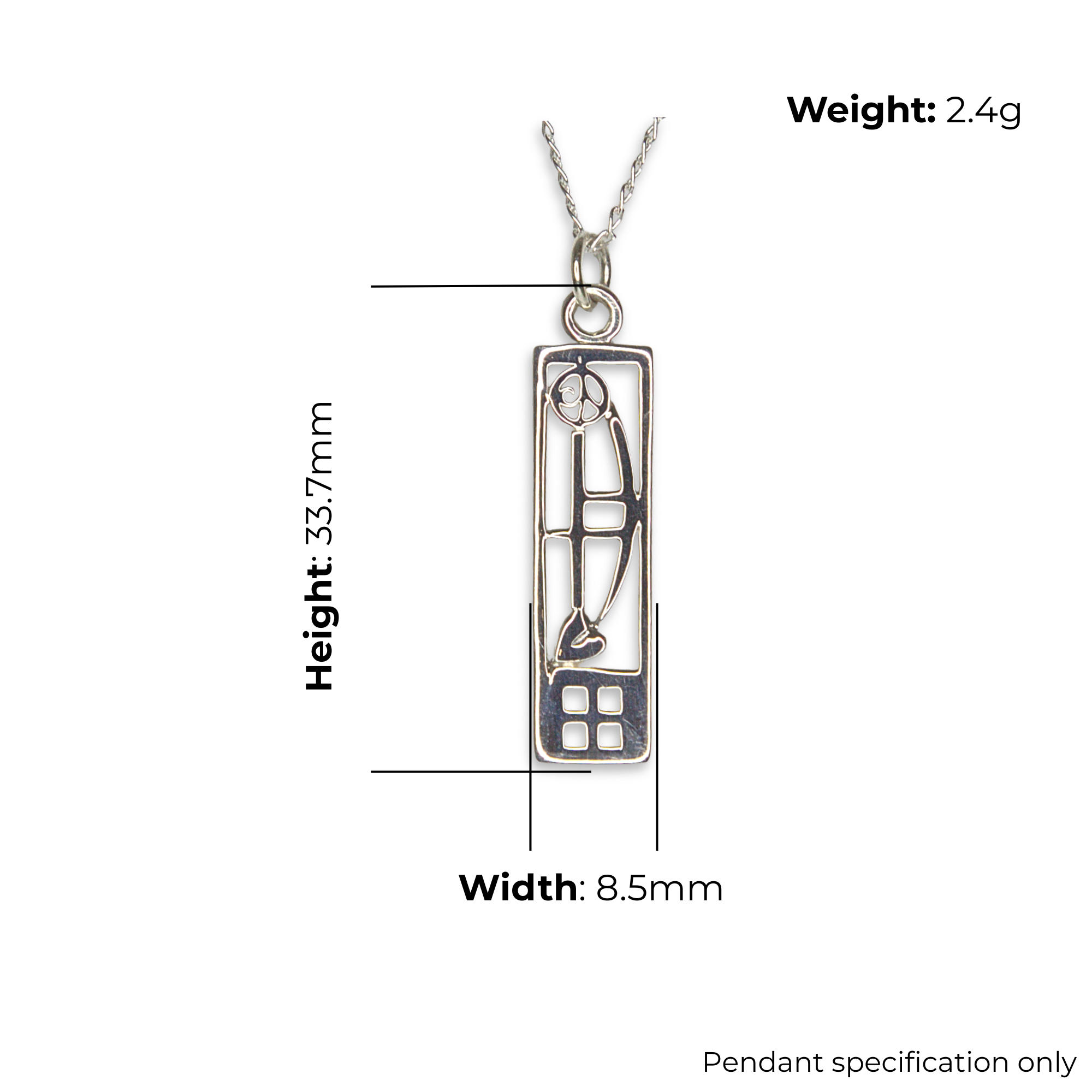 Sterling Silver Charles Rennie Mackintosh Pendant, sculpted rose, geometric grid cut-outs, product dimensions shown, width 8.5mm, height 33.7mm, weight 2.4g, pendant specification only