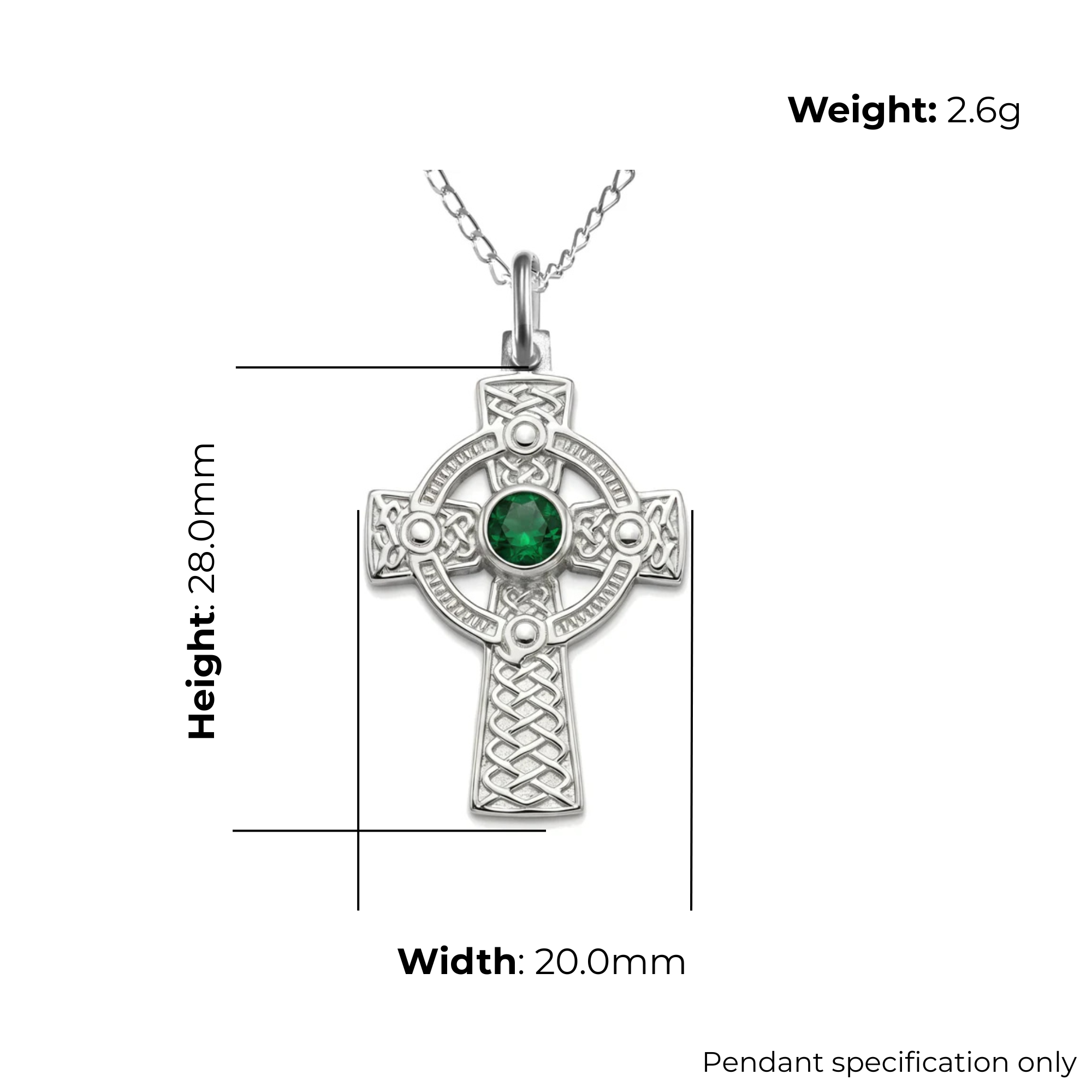 Sterling Silver Celtic Cross Pendant, green cubic zirconia, product specification shown, width 20mm, height 28mm, weight 2.6g, pendant specification only