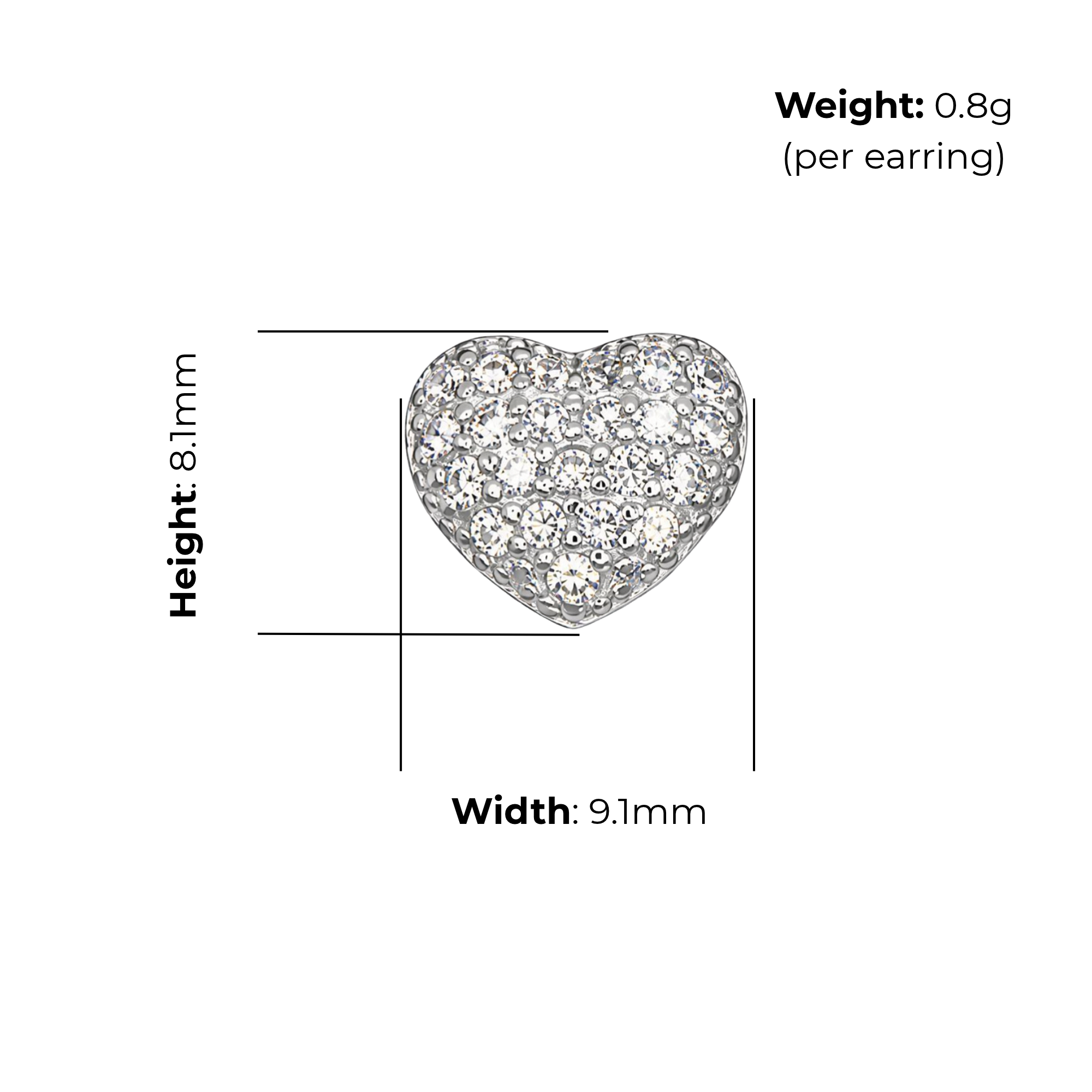 Sterling Silver Heart Stud Earrings, Pave-Set CZ, product dimensions shown, width 9.1mm, height 8.1mm, weight 0.8g per earring.