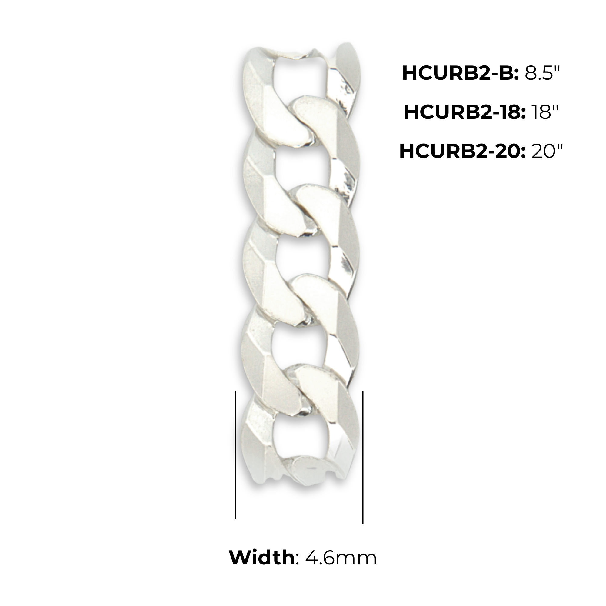 Sterling Silver Curb Chain, high mirror polish, flat interlocking links, trigger clasp, product dimensions shown, link width 4.6mm, 8.5" HCURB2-B, 18" HCURB2-18, 20" HCURB2-20