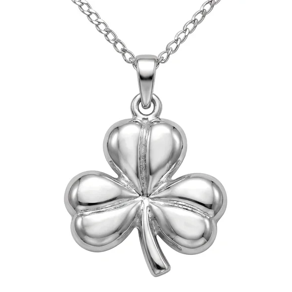Sterling Silver Irish Shamrock Pendant, sculpted three-lobe form, high mirror polish.