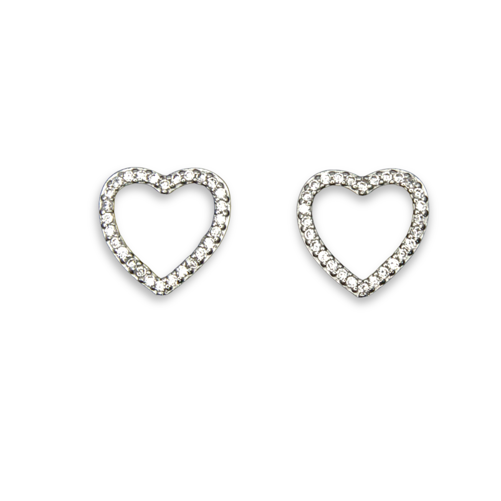 Sterling Silver Open Heart Stud Earrings, Pave-Set CZ